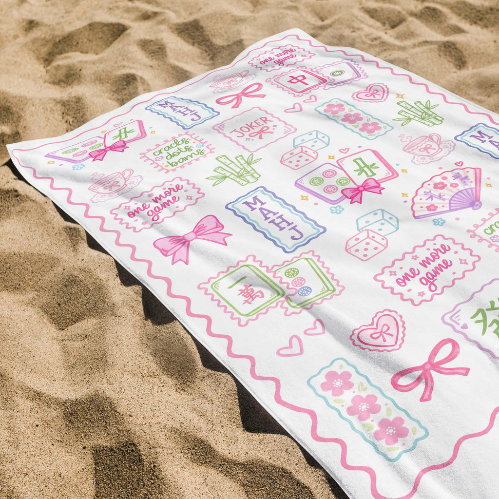Personalized Mahjong Themed Beach Towel Custom Name Gift for Beach Lovers