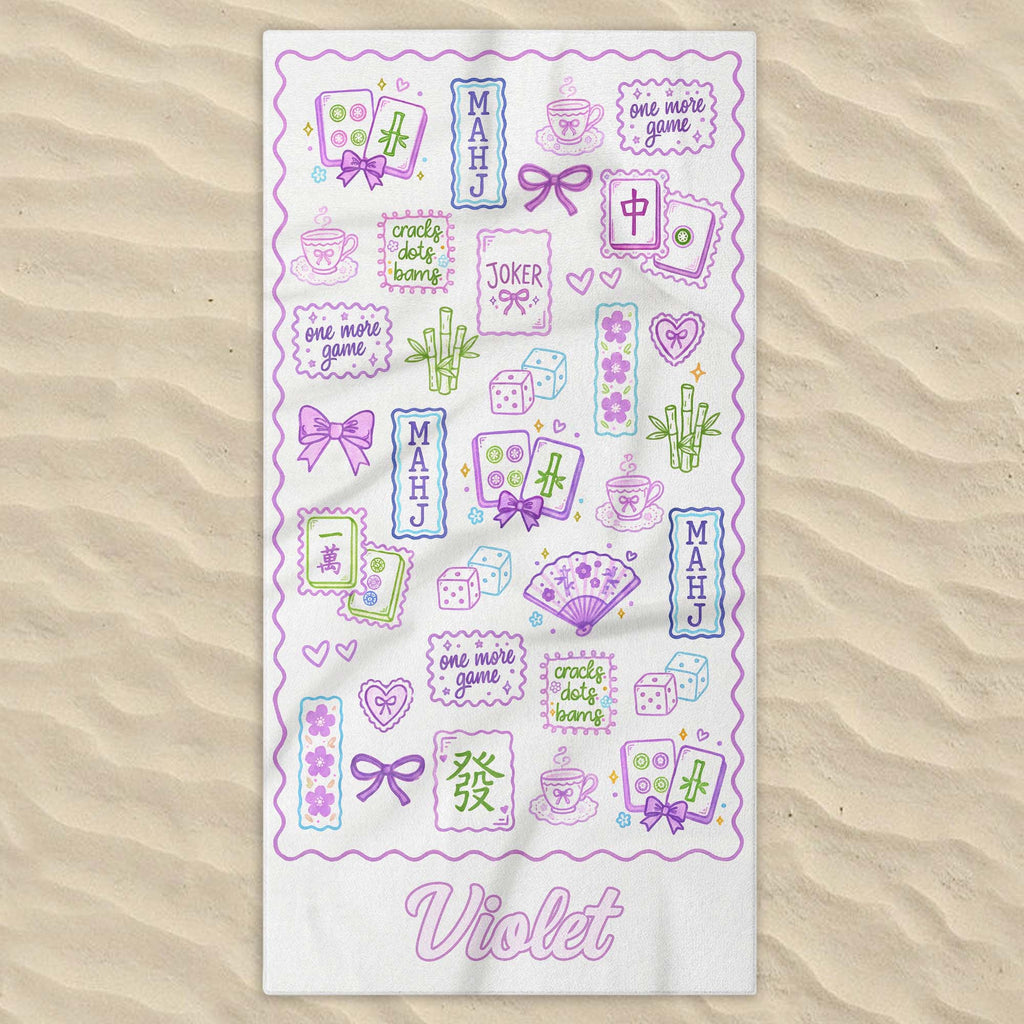 Personalized Mahjong Themed Beach Towel Custom Name Gift for Beach Lovers
