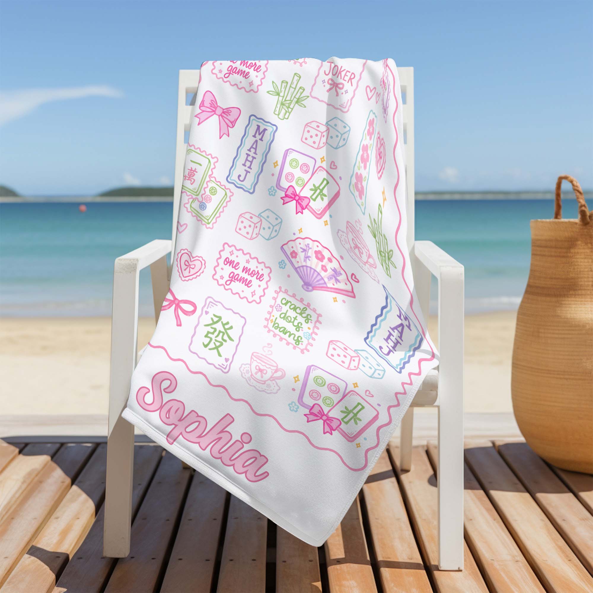 Personalized Mahjong Themed Beach Towel Custom Name Gift for Beach Lovers