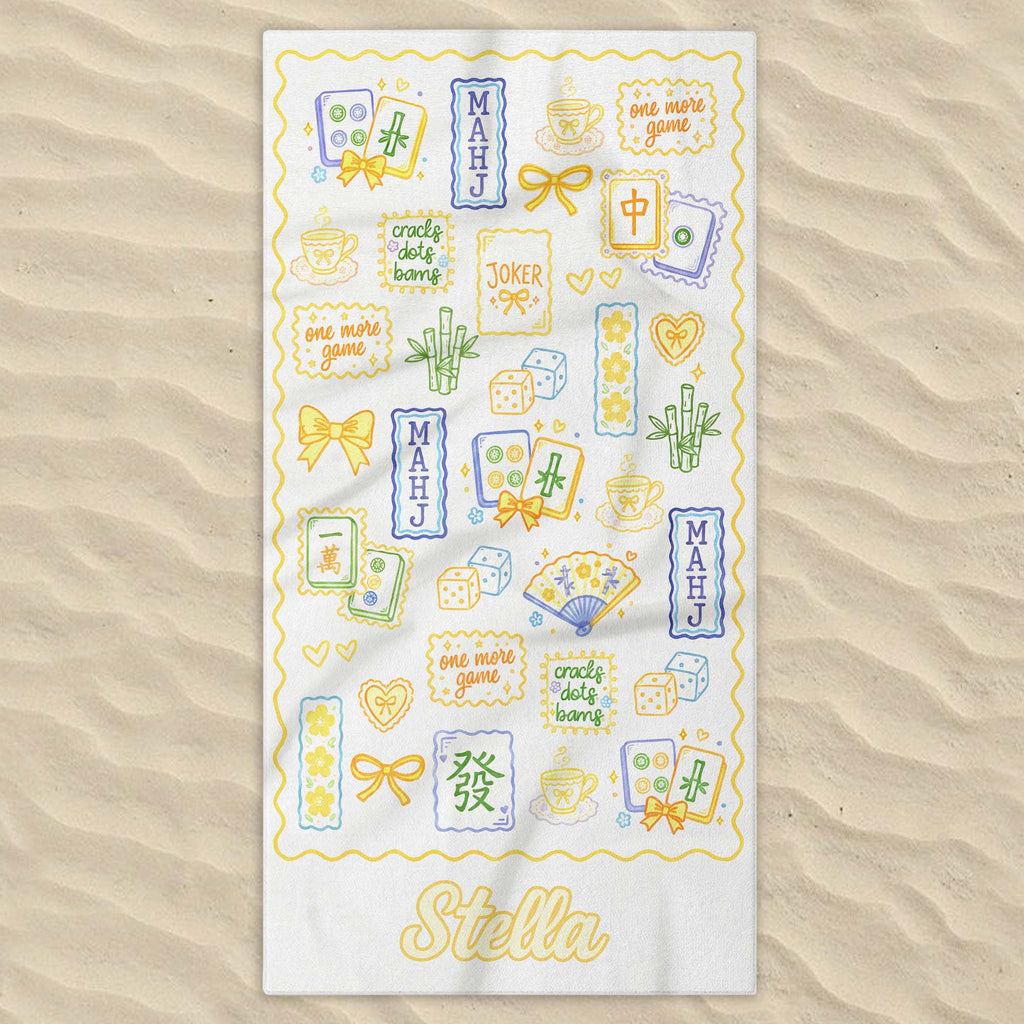 Personalized Mahjong Themed Beach Towel Custom Name Gift for Beach Lovers
