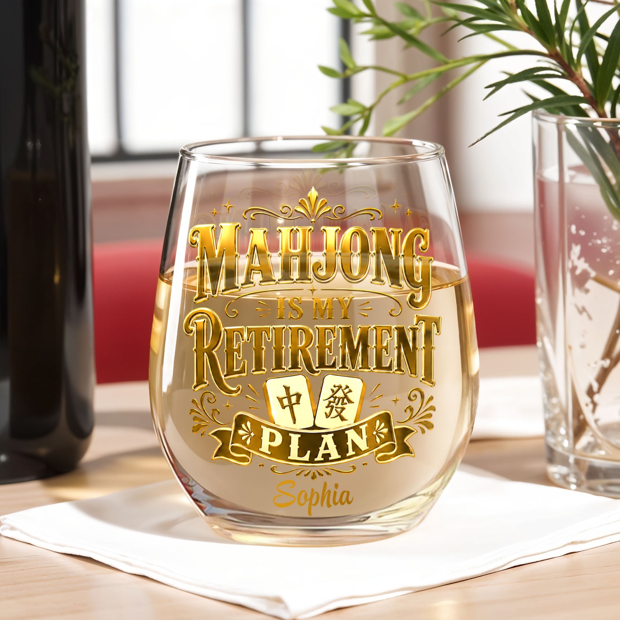 Personalized Stemless Wine Glass Mahjong Retirement Gift