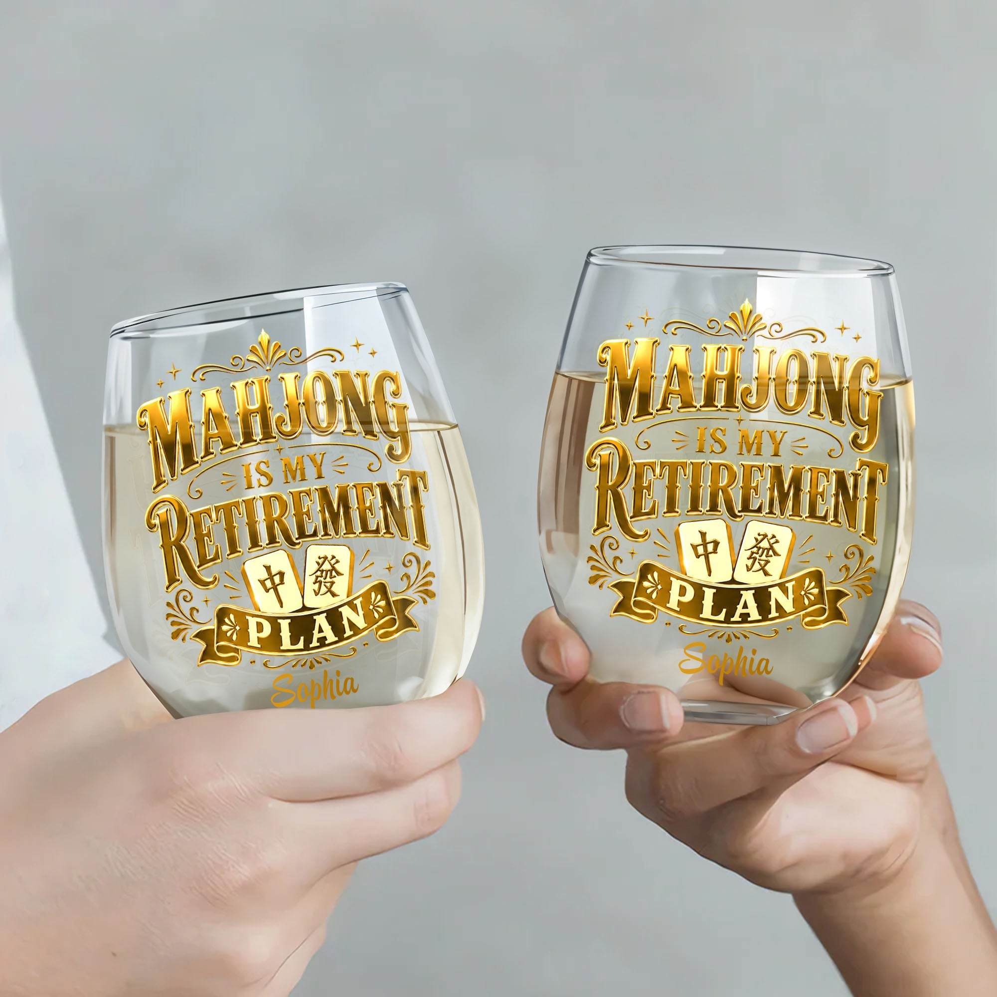Personalized Stemless Wine Glass Mahjong Retirement Gift