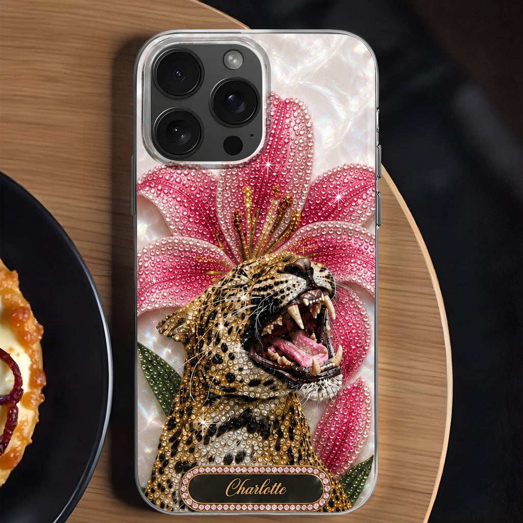 Personalized Clear Phone Case Leopard Lily Flower Custom Name Gift for Her Clear Phone Case GradoCreations