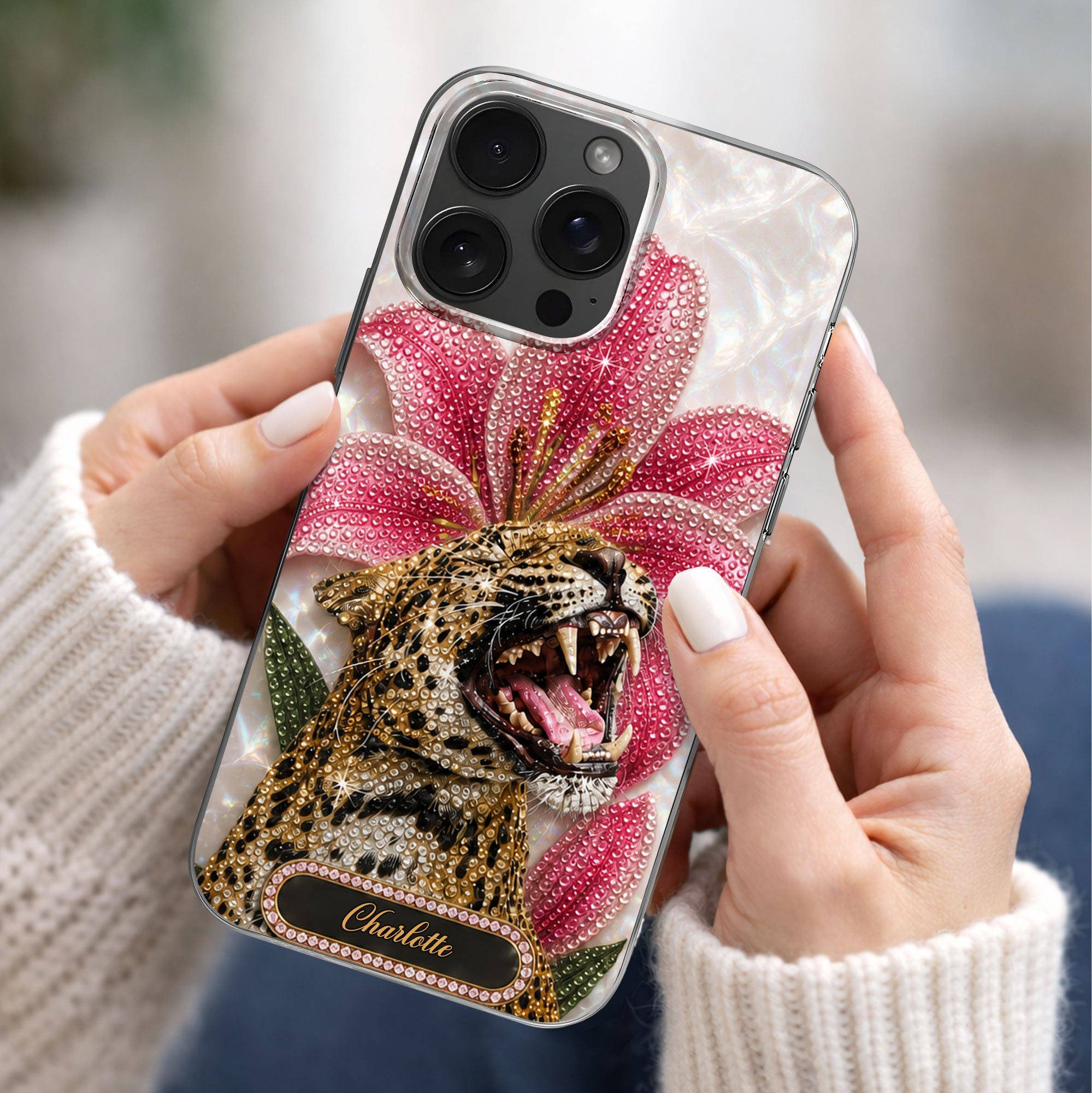 Personalized Clear Phone Case Leopard Lily Flower Custom Name Gift for Her Clear Phone Case GradoCreations