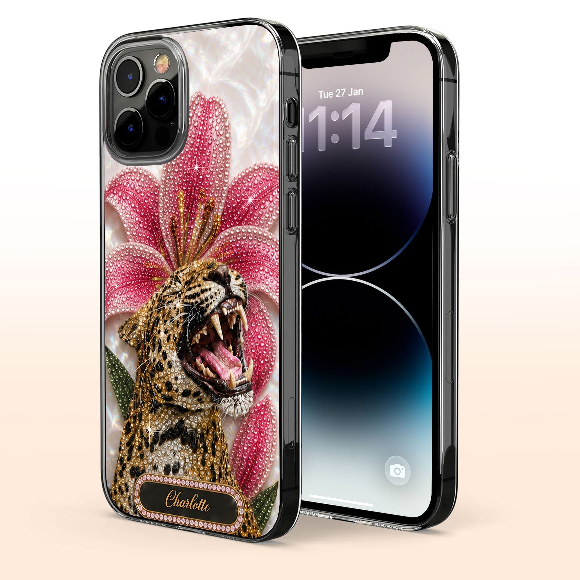 Personalized Clear Phone Case Leopard Lily Flower Custom Name Gift for Her Clear Phone Case GradoCreations