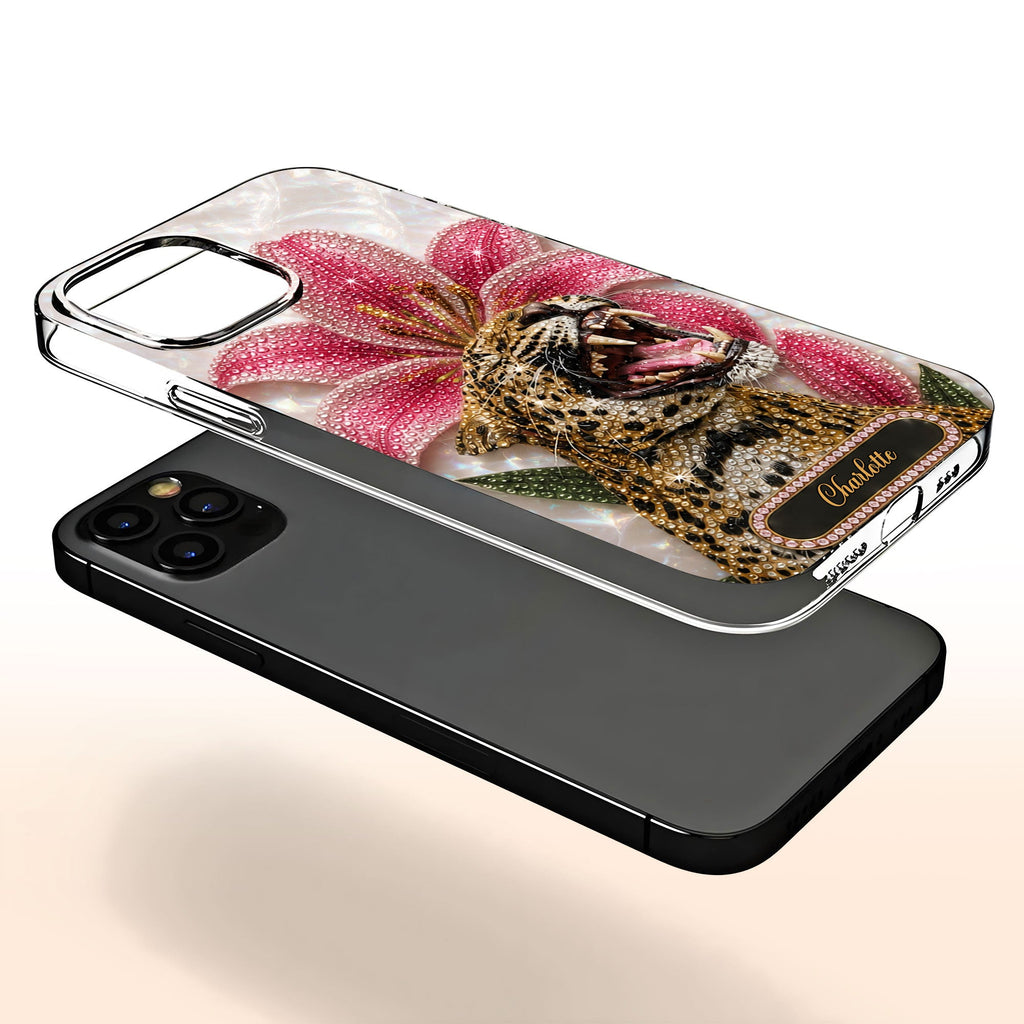 Personalized Clear Phone Case Leopard Lily Flower Custom Name Gift for Her Clear Phone Case GradoCreations