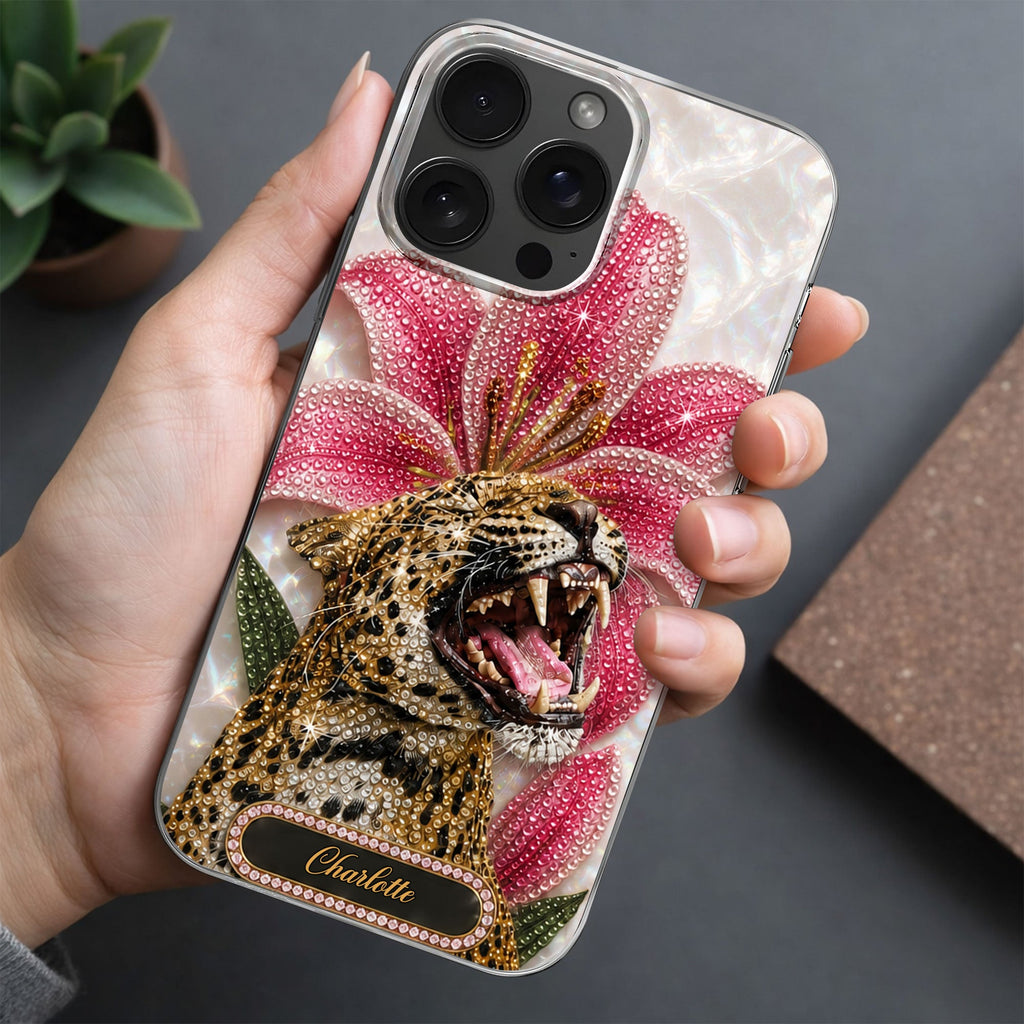 Personalized Clear Phone Case Leopard Lily Flower Custom Name Gift for Her Clear Phone Case GradoCreations