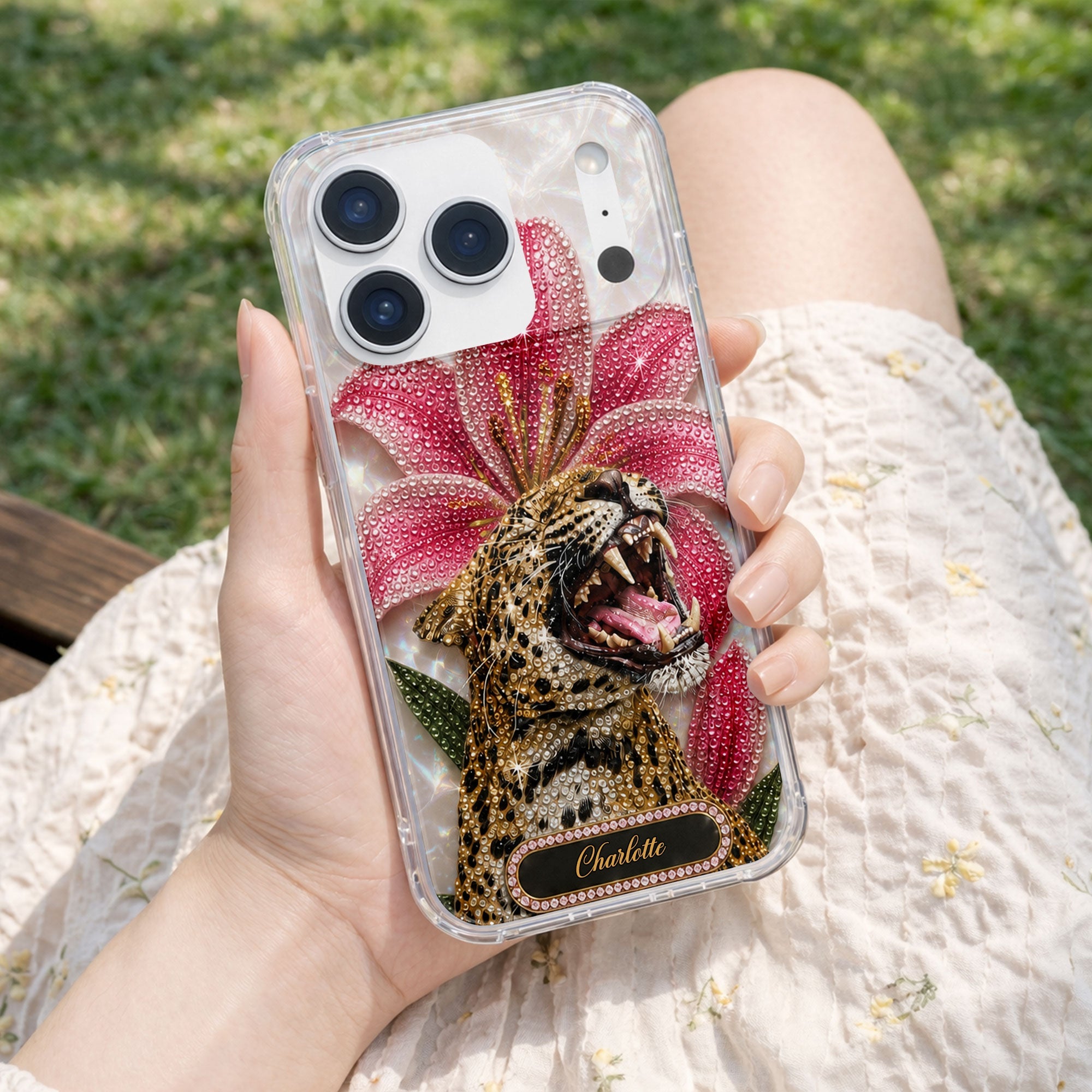 Personalized Clear Phone Case Leopard Lily Flower Custom Name Gift for Her Clear Phone Case GradoCreations