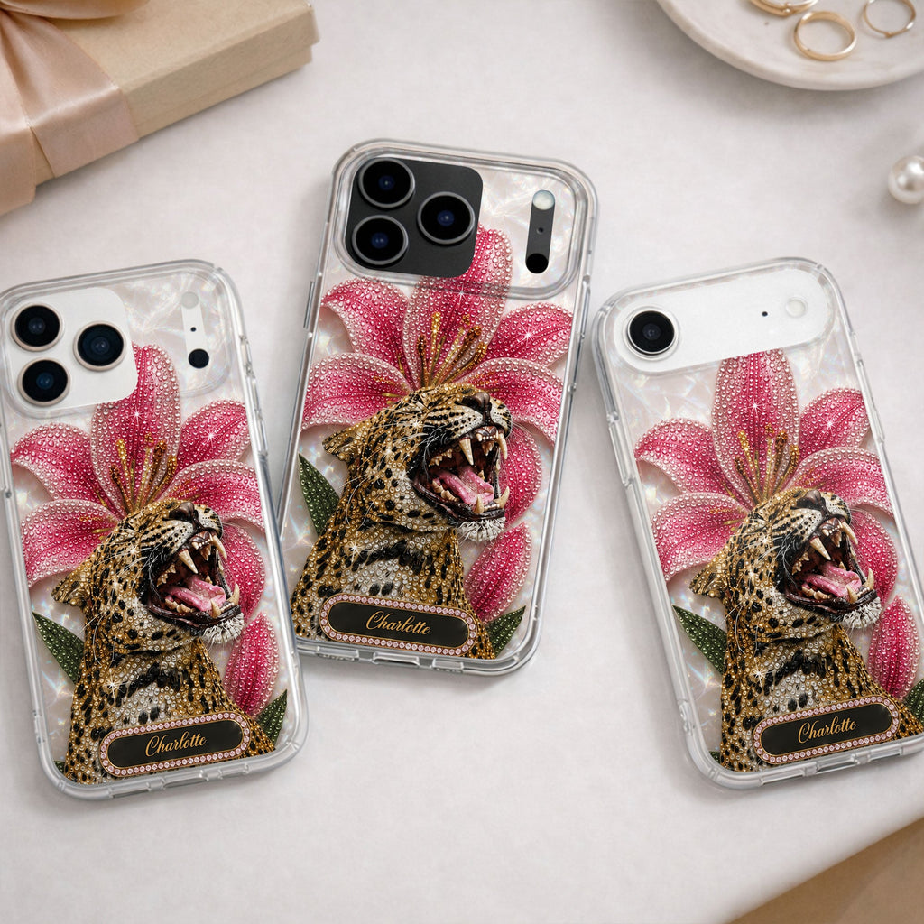 Personalized Clear Phone Case Leopard Lily Flower Custom Name Gift for Her Clear Phone Case GradoCreations