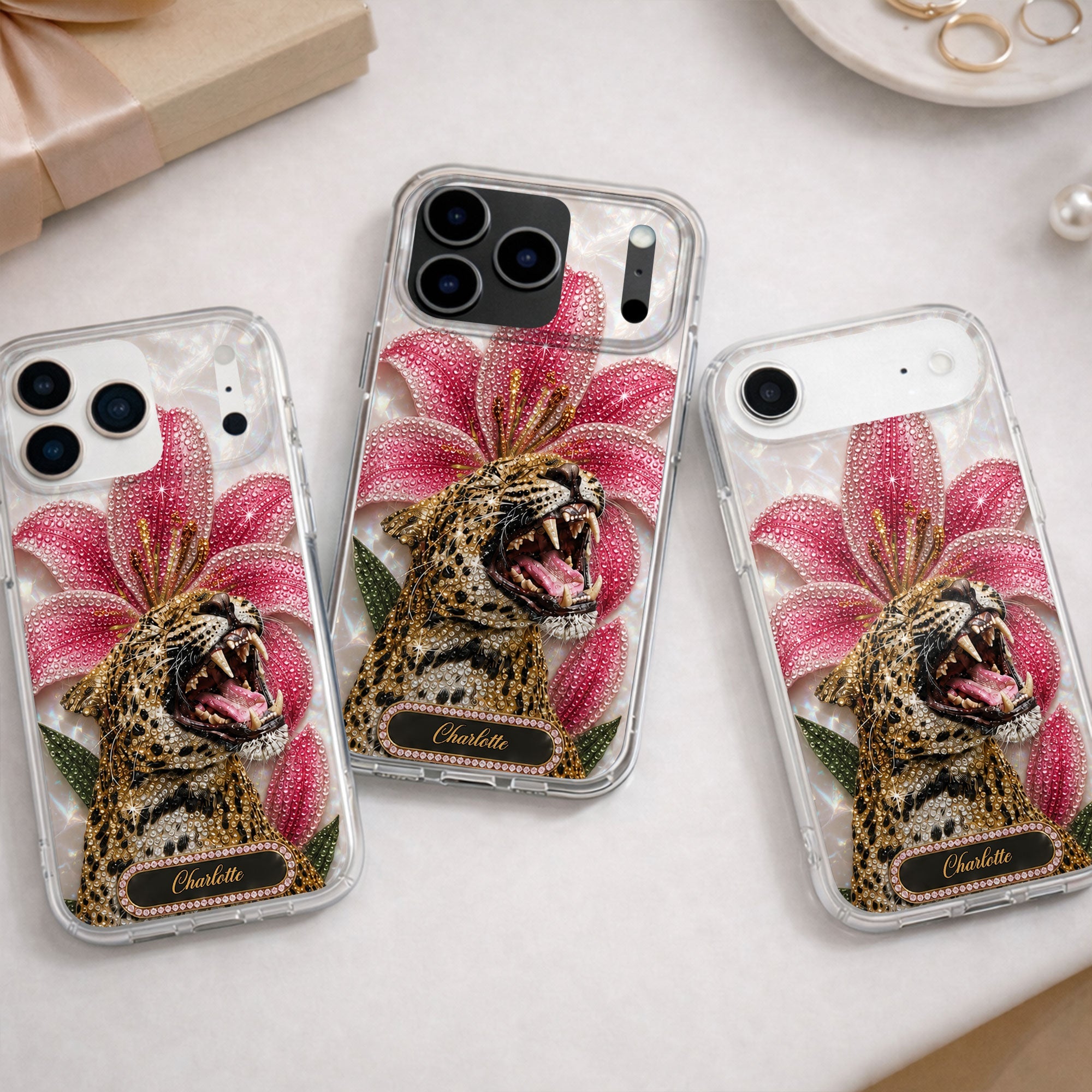 Personalized Clear Phone Case Leopard Lily Flower Custom Name Gift for Her Clear Phone Case GradoCreations