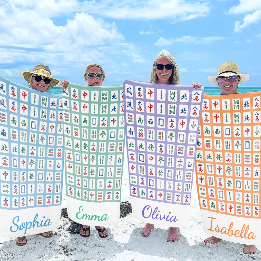 Personalized Microfiber Beach Towel Custom Name Mahjong Design Beach Towels GradoCreations
