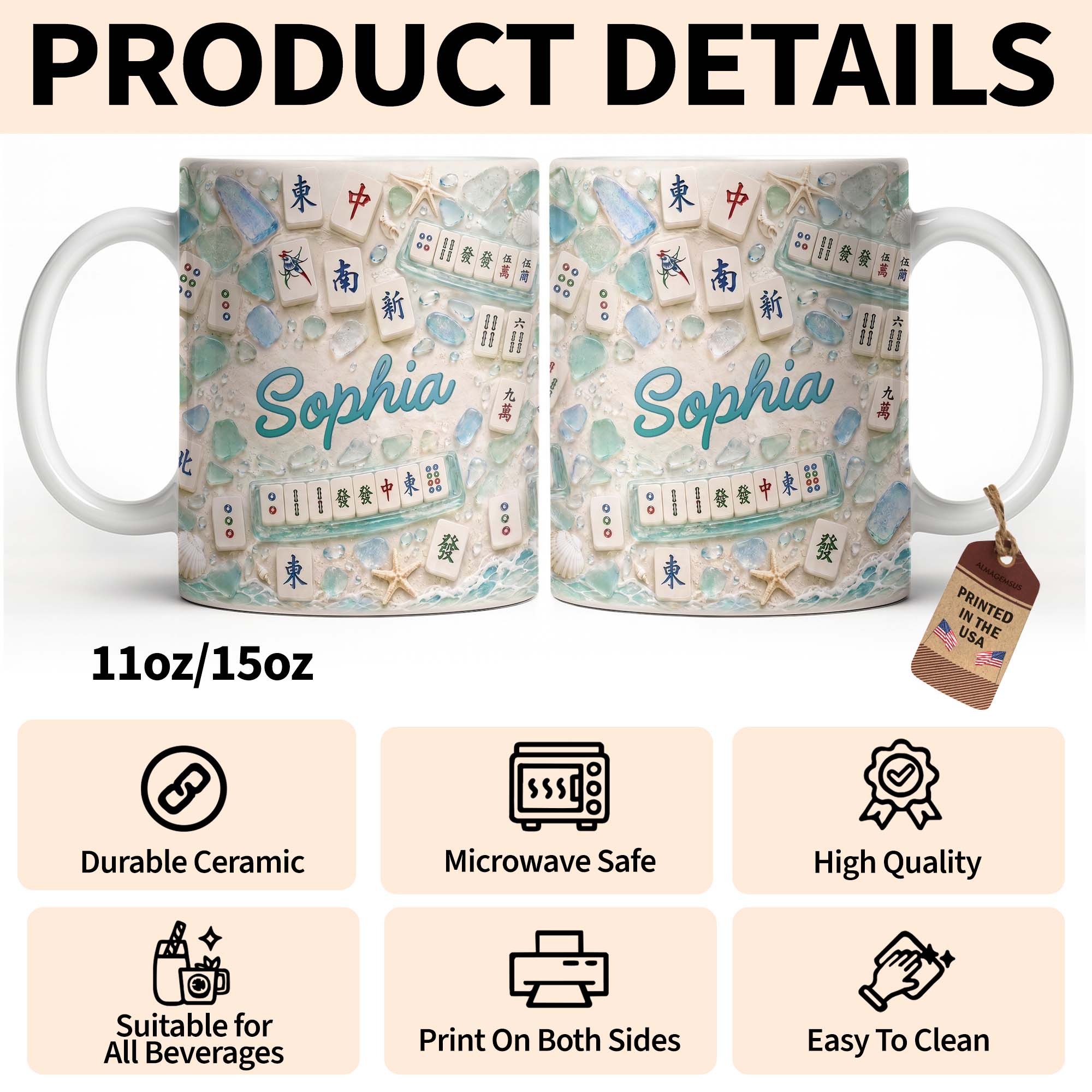 Personalized Mahjong Beach Mug Custom Name Gift for Besties Edge-to-edge Mug GradoCreations