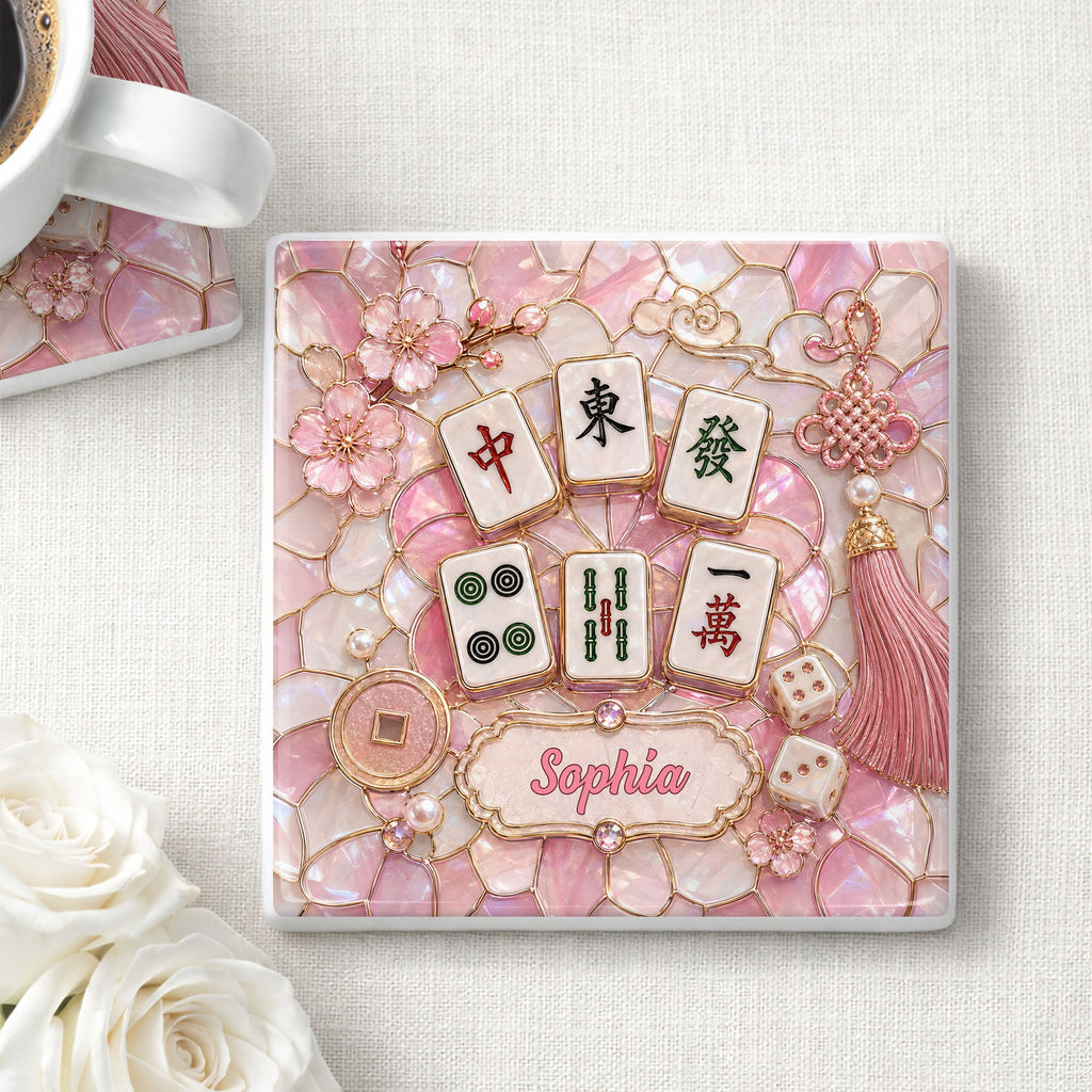 Personalized Ceramic Coaster with Cherry Blossoms for Game Night Square Ceramic Coaster GradoCreations