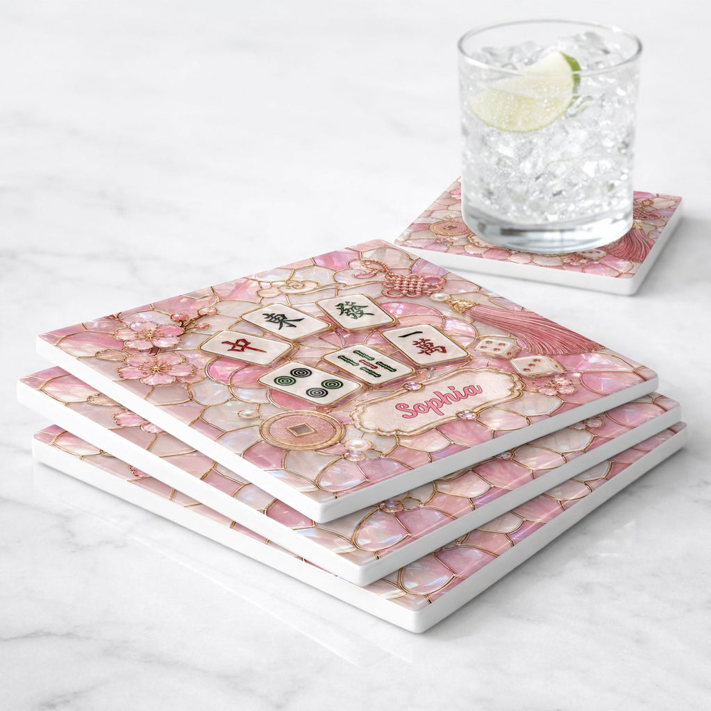 Personalized Ceramic Coaster with Cherry Blossoms for Game Night Square Ceramic Coaster GradoCreations