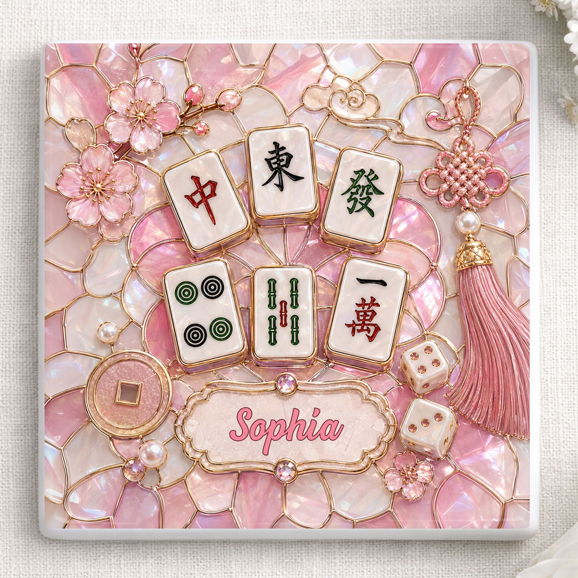 Personalized Ceramic Coaster with Cherry Blossoms for Game Night Square Ceramic Coaster GradoCreations