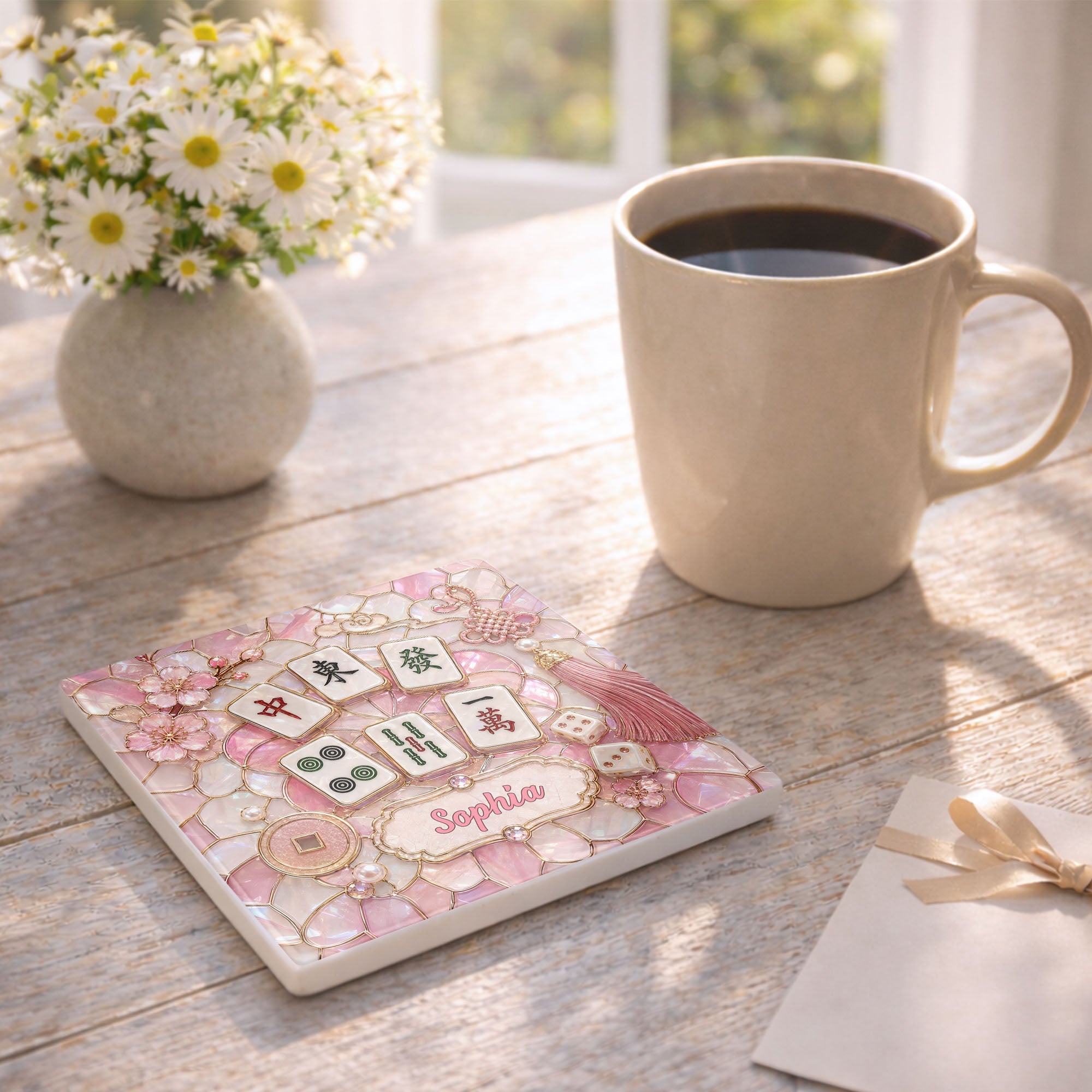 Personalized Ceramic Coaster with Cherry Blossoms for Game Night Square Ceramic Coaster GradoCreations