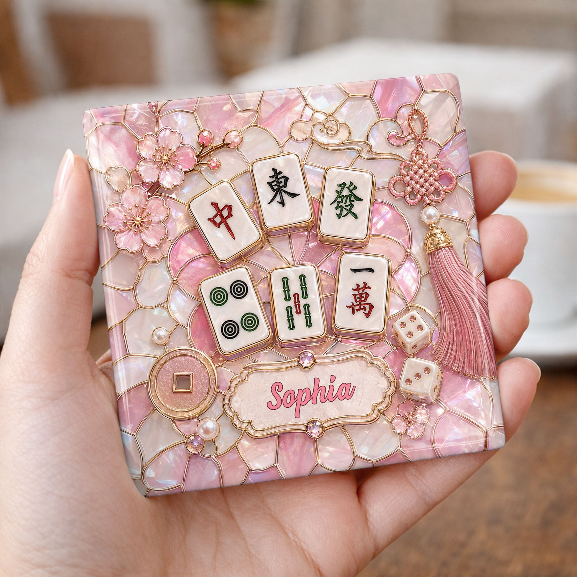 Personalized Ceramic Coaster with Cherry Blossoms for Game Night Square Ceramic Coaster GradoCreations