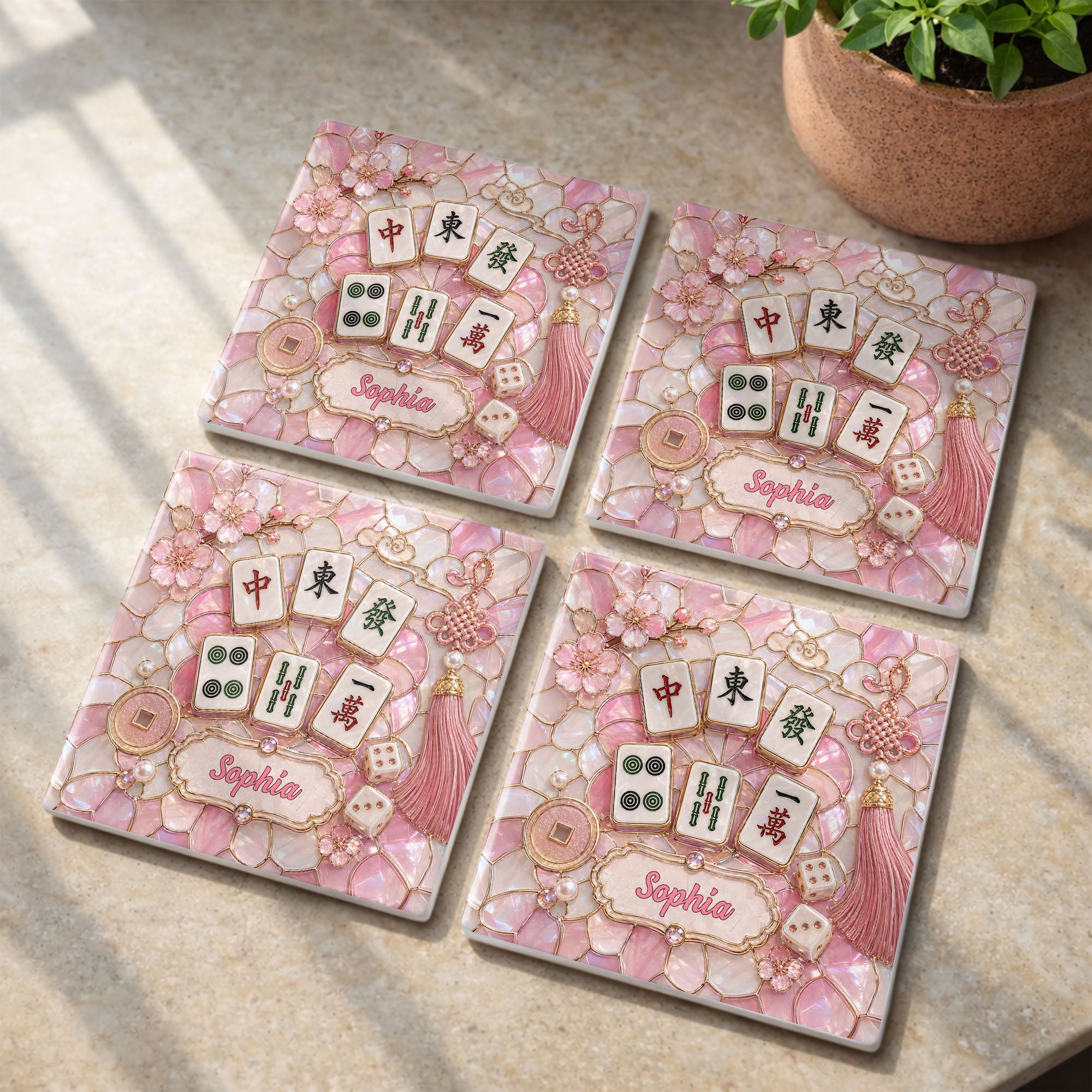Personalized Ceramic Coaster with Cherry Blossoms for Game Night Square Ceramic Coaster GradoCreations