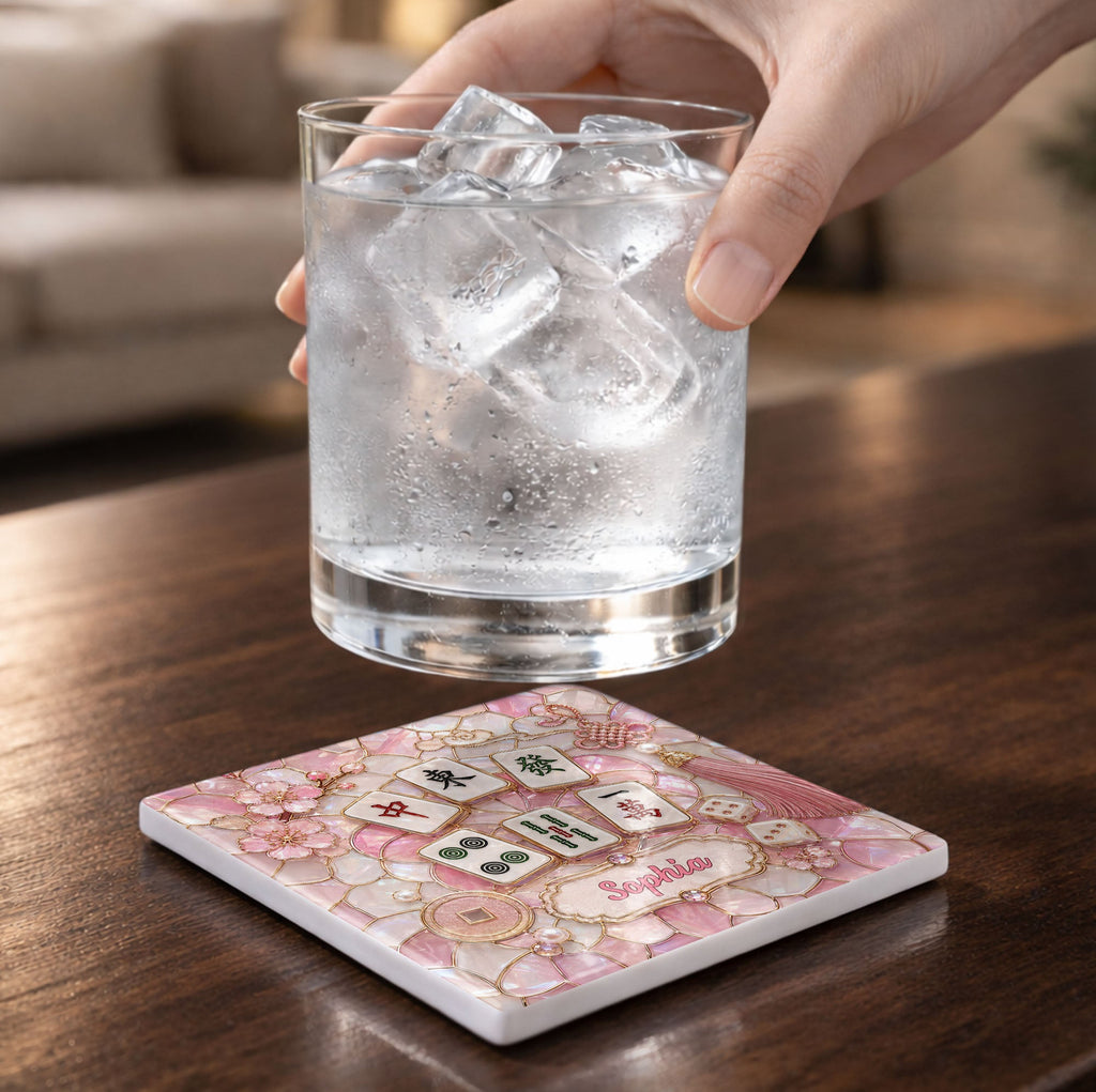 Personalized Ceramic Coaster with Cherry Blossoms for Game Night Square Ceramic Coaster GradoCreations
