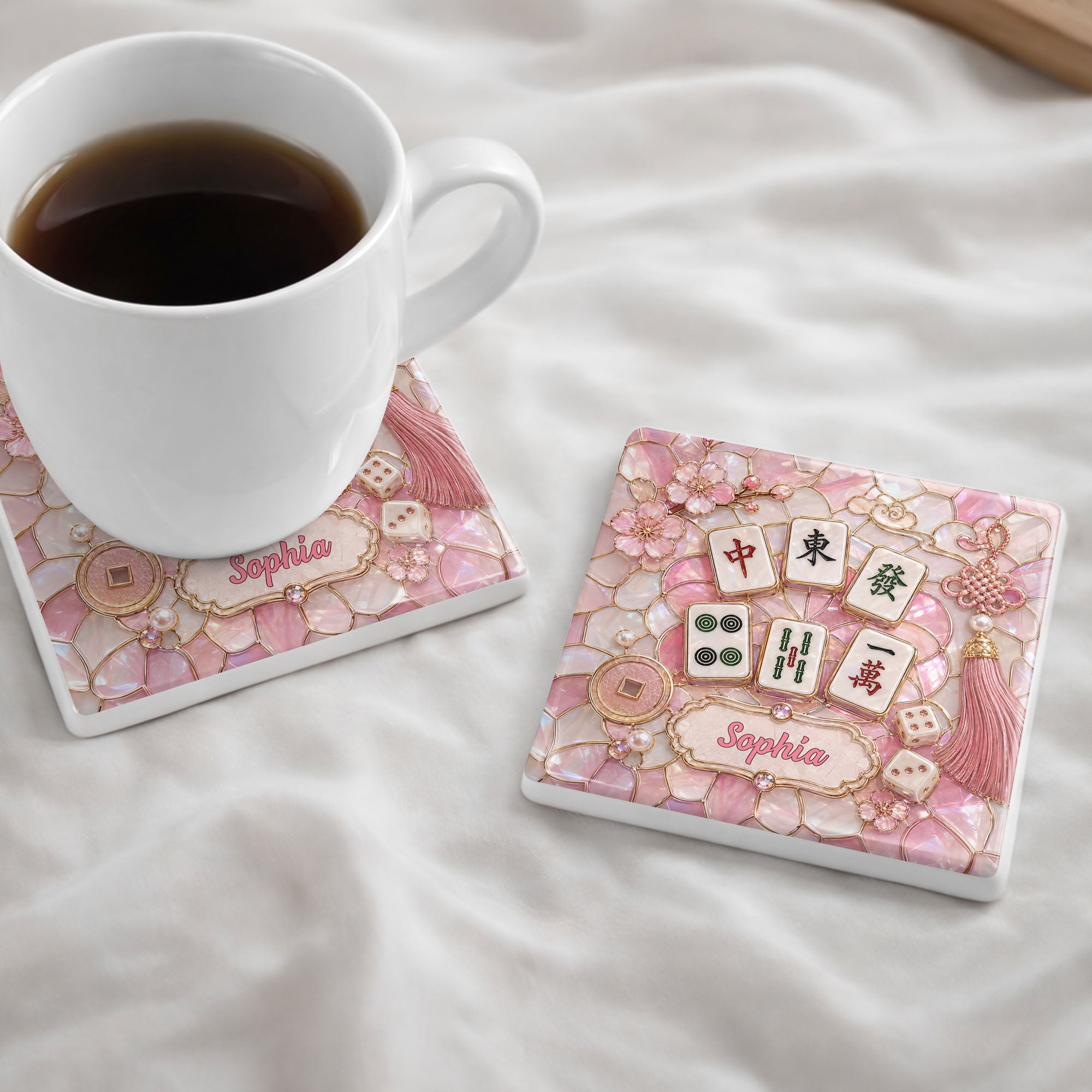 Personalized Ceramic Coaster with Cherry Blossoms for Game Night Square Ceramic Coaster GradoCreations