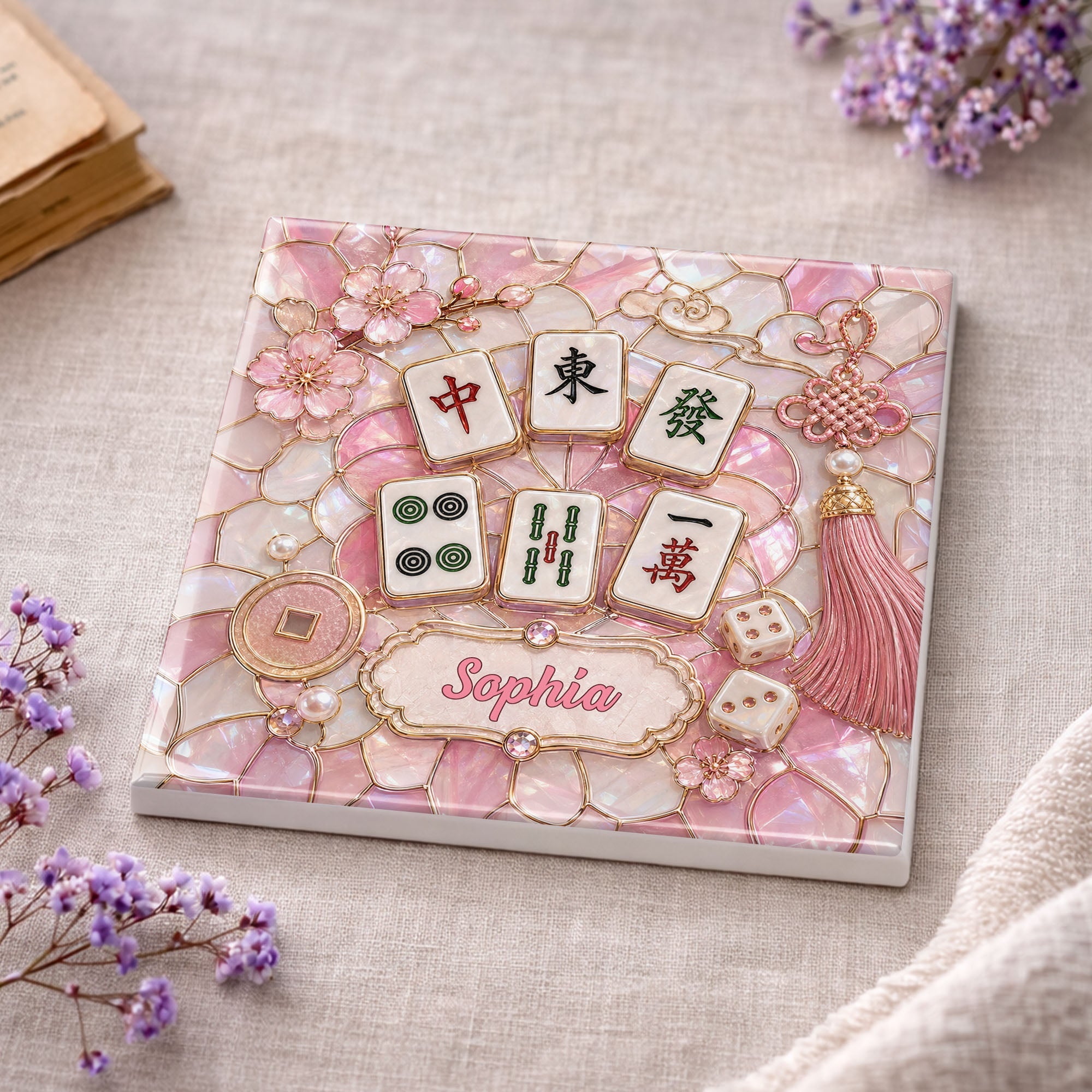 Personalized Ceramic Coaster with Cherry Blossoms for Game Night Square Ceramic Coaster GradoCreations