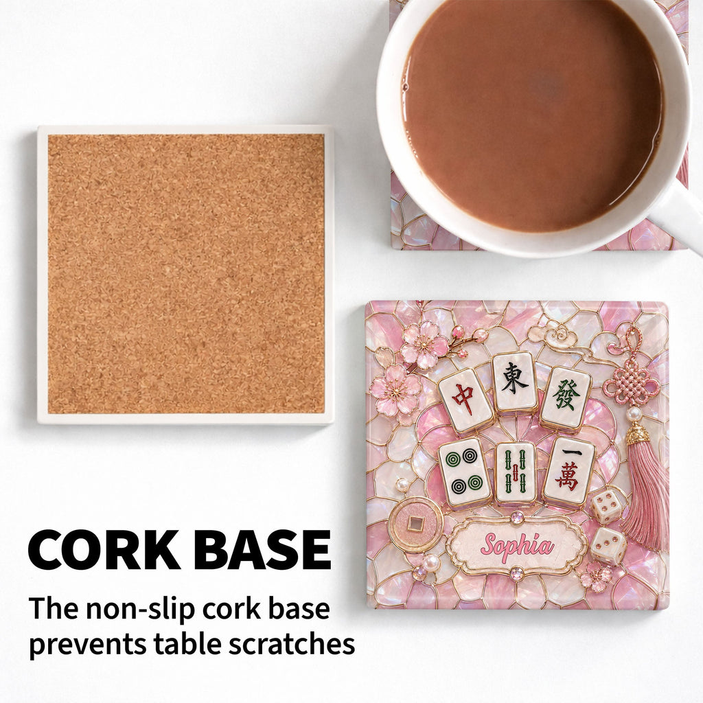 Personalized Ceramic Coaster with Cherry Blossoms for Game Night Square Ceramic Coaster GradoCreations