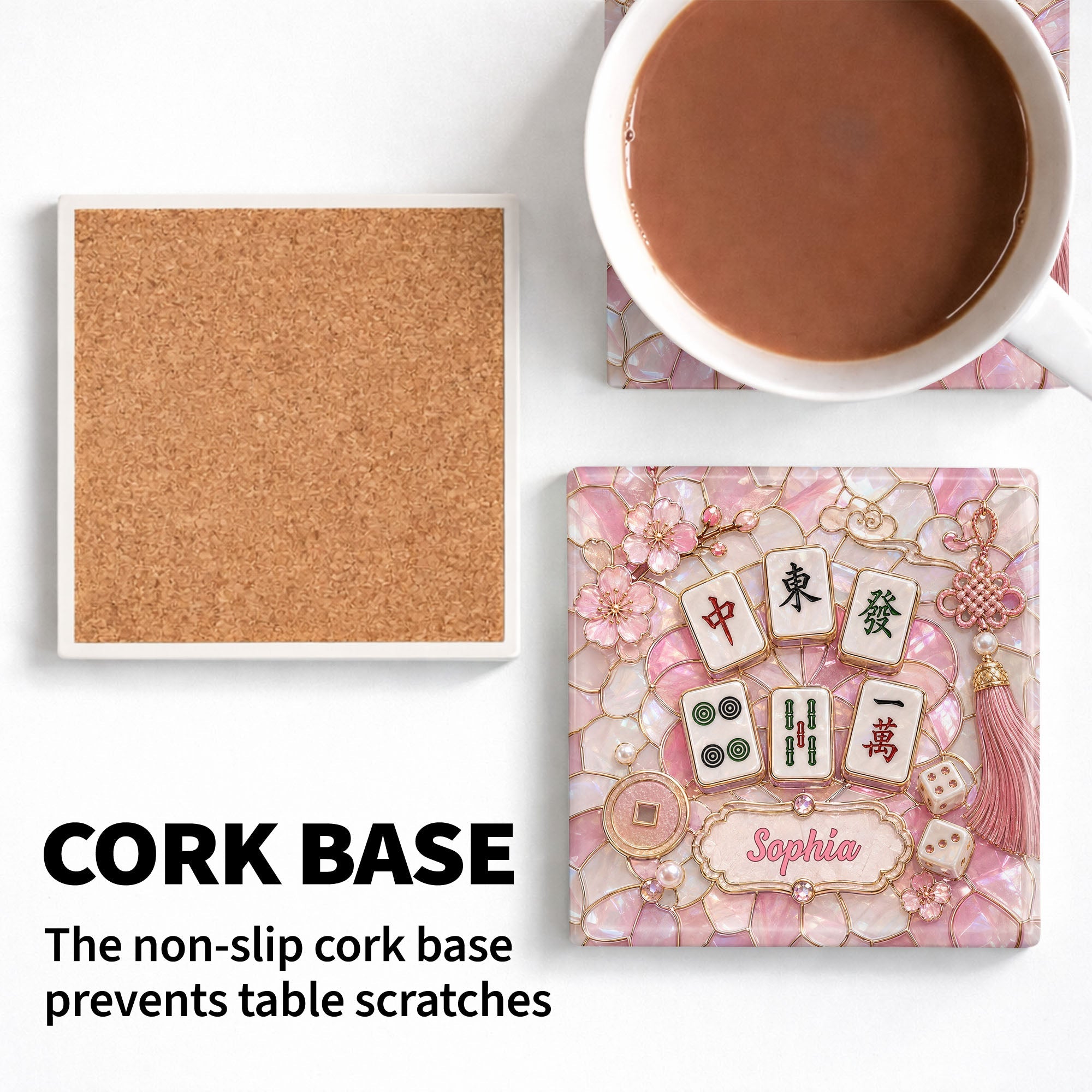 Personalized Ceramic Coaster with Cherry Blossoms for Game Night Square Ceramic Coaster GradoCreations