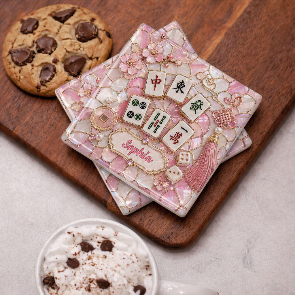Personalized Ceramic Coaster with Cherry Blossoms for Game Night Square Ceramic Coaster GradoCreations