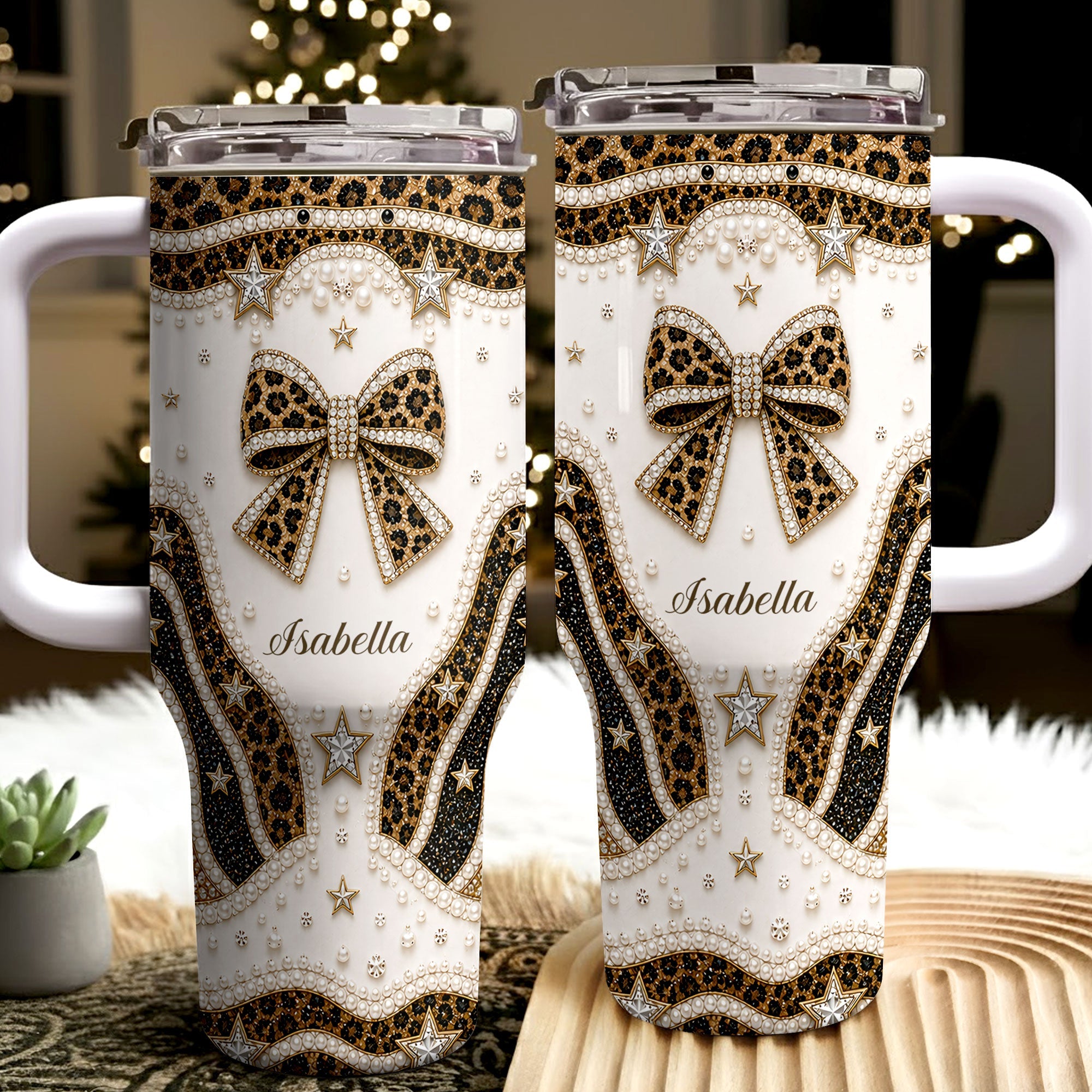 Personalized Leopard Bow 40oz Tumbler with Straw Gift for Her 40oz Tumbler GradoCreations