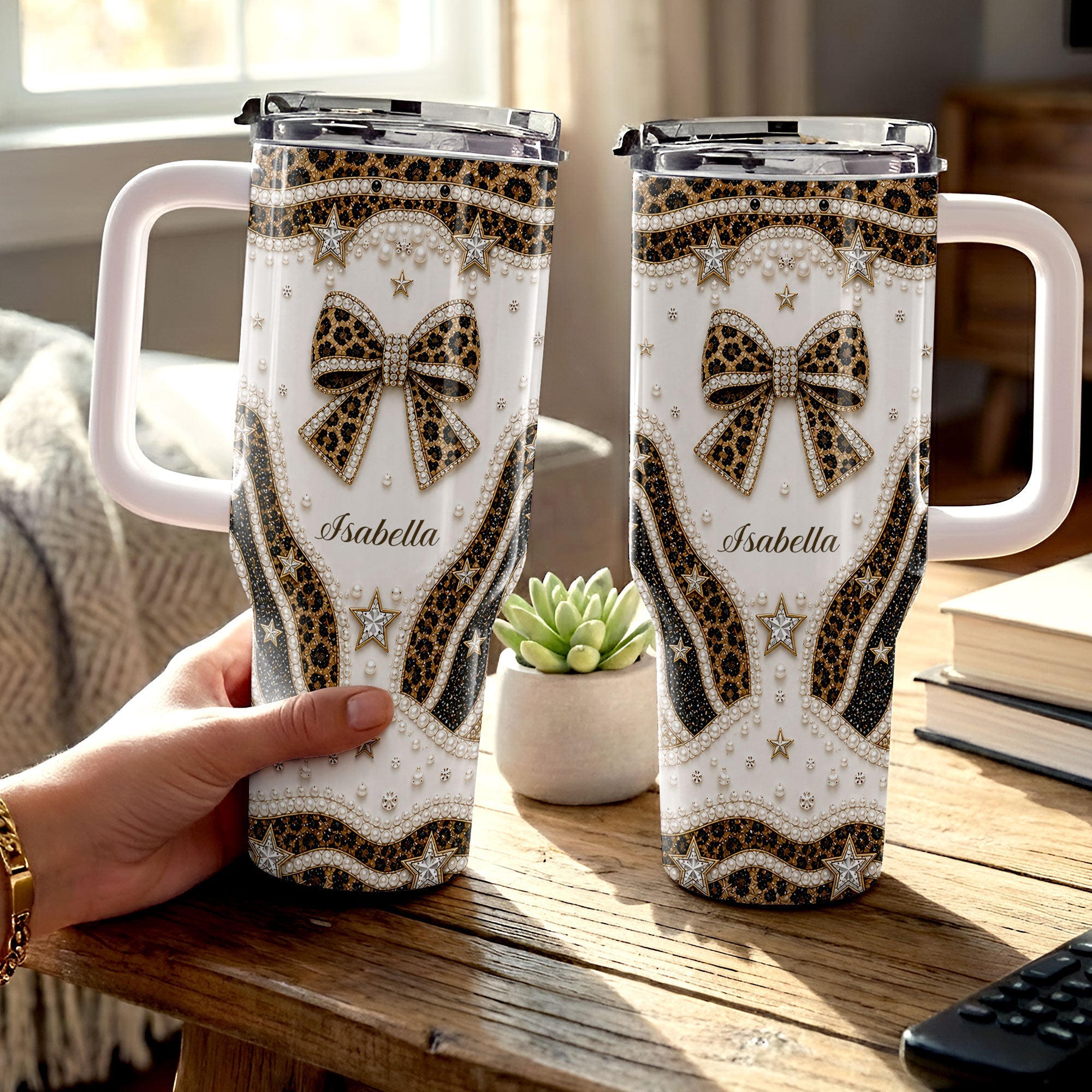Personalized Leopard Bow 40oz Tumbler with Straw Gift for Her 40oz Tumbler GradoCreations