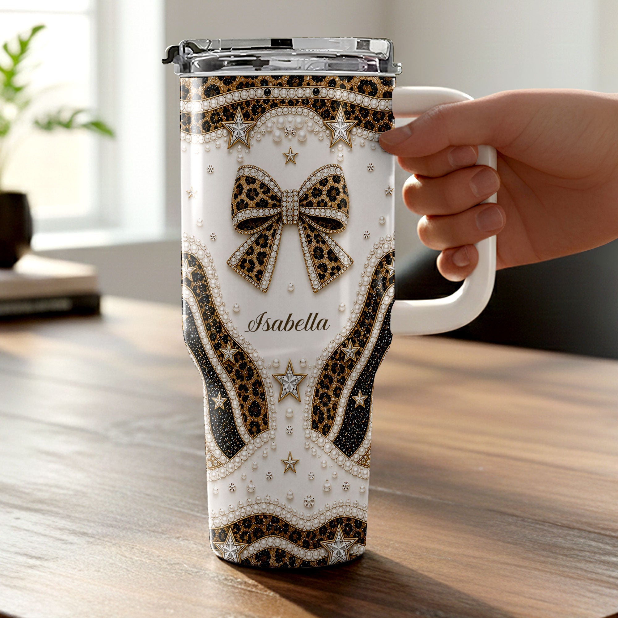 Personalized Leopard Bow 40oz Tumbler with Straw Gift for Her 40oz Tumbler GradoCreations