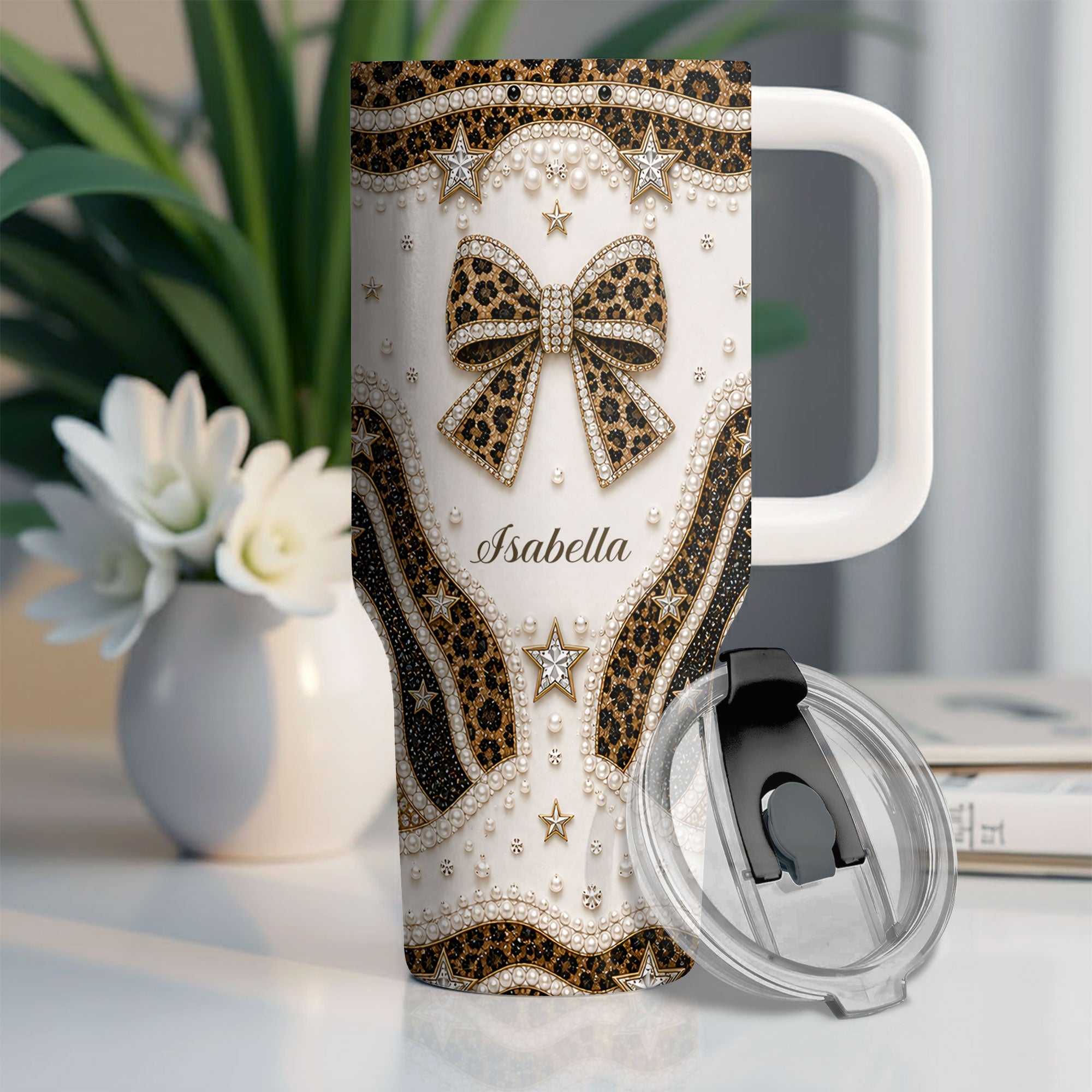 Personalized Leopard Bow 40oz Tumbler with Straw Gift for Her 40oz Tumbler GradoCreations