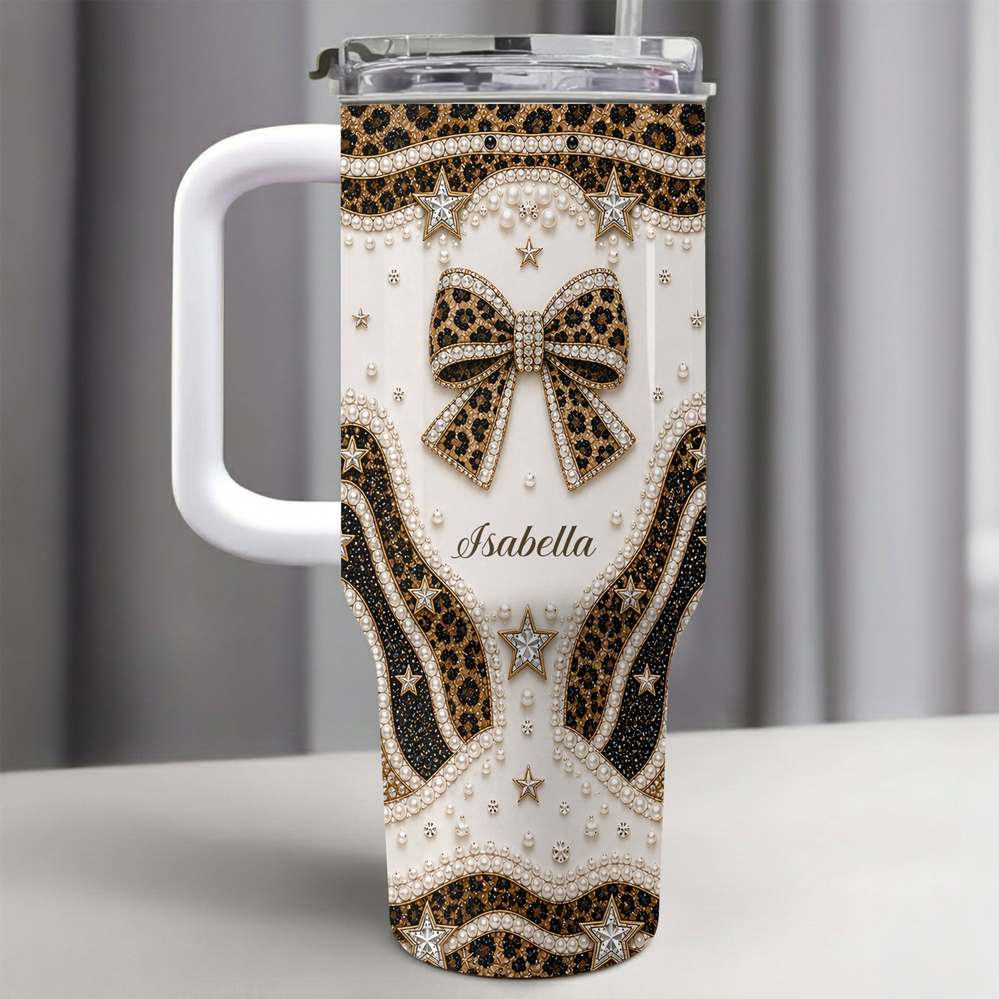 Personalized Leopard Bow 40oz Tumbler with Straw Gift for Her 40oz Tumbler GradoCreations