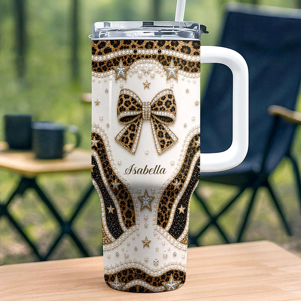 Personalized Leopard Bow 40oz Tumbler with Straw Gift for Her 40oz Tumbler GradoCreations