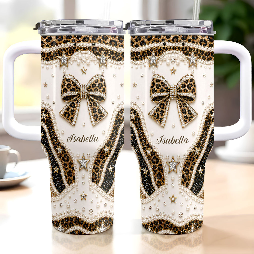 Personalized Leopard Bow 40oz Tumbler with Straw Gift for Her 40oz Tumbler GradoCreations