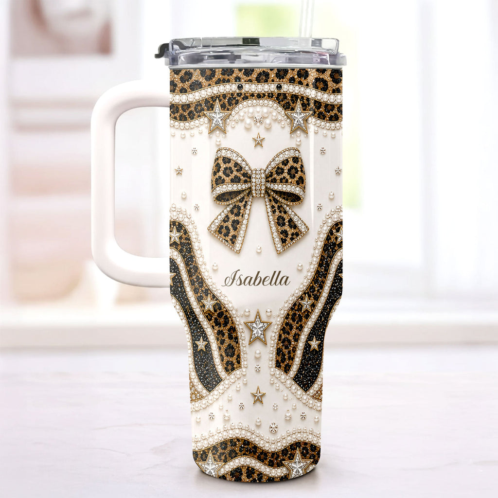 Personalized Leopard Bow 40oz Tumbler with Straw Gift for Her 40oz Tumbler GradoCreations