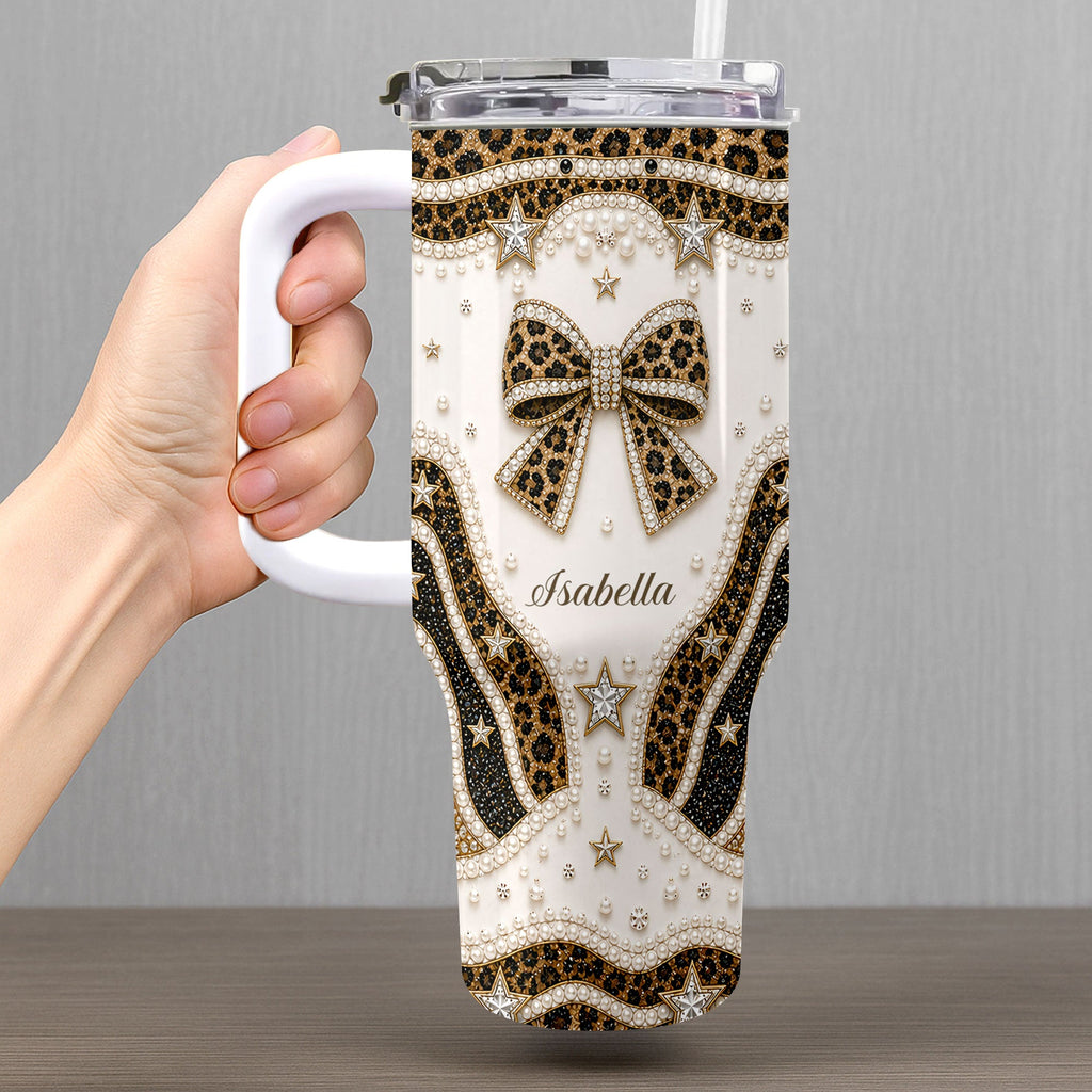 Personalized Leopard Bow 40oz Tumbler with Straw Gift for Her 40oz Tumbler GradoCreations