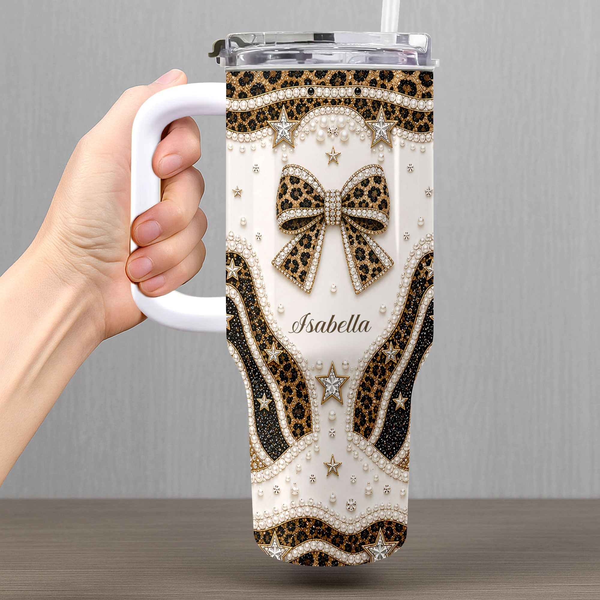 Personalized Leopard Bow 40oz Tumbler with Straw Gift for Her 40oz Tumbler GradoCreations