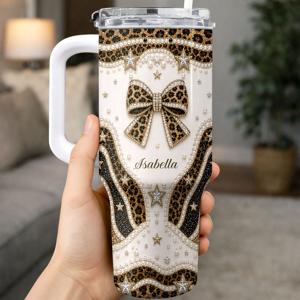 Personalized Leopard Bow 40oz Tumbler with Straw Gift for Her 40oz Tumbler GradoCreations