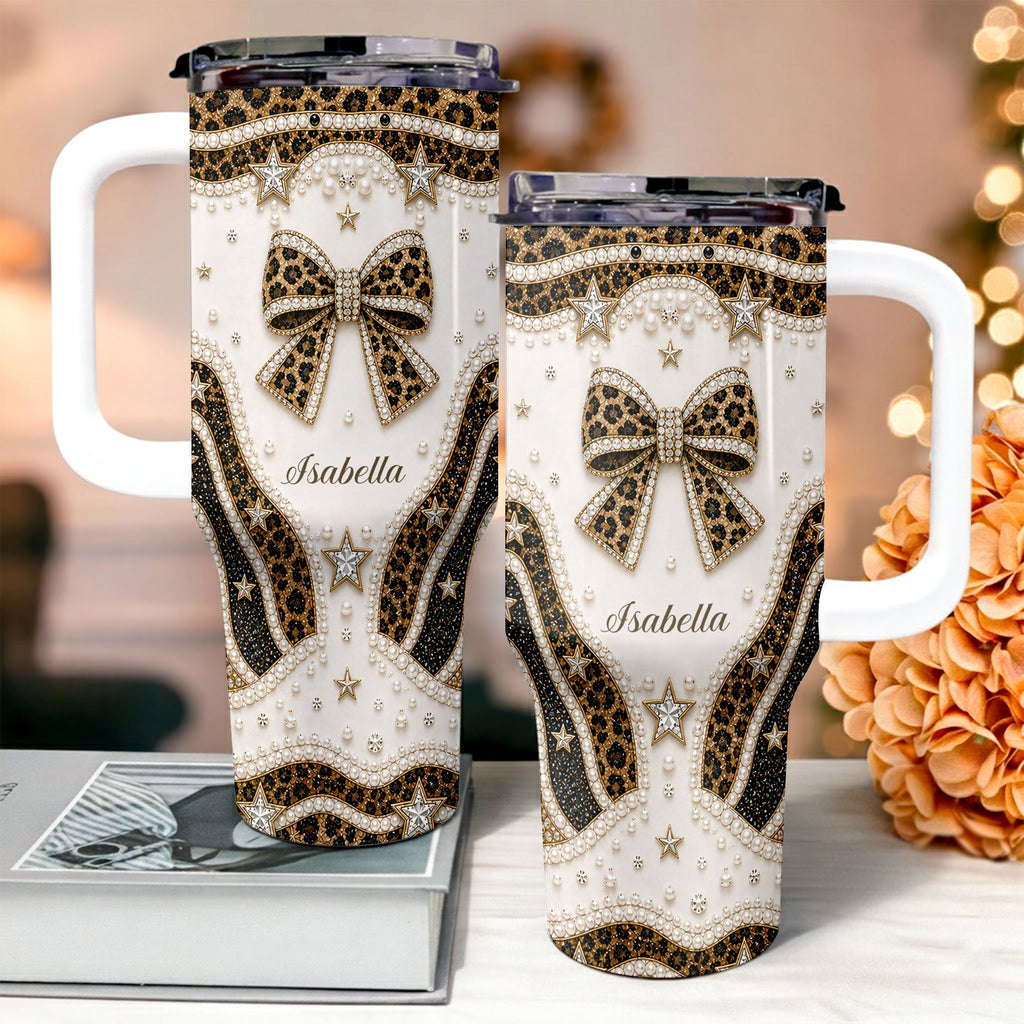 Personalized Leopard Bow 40oz Tumbler with Straw Gift for Her 40oz Tumbler GradoCreations