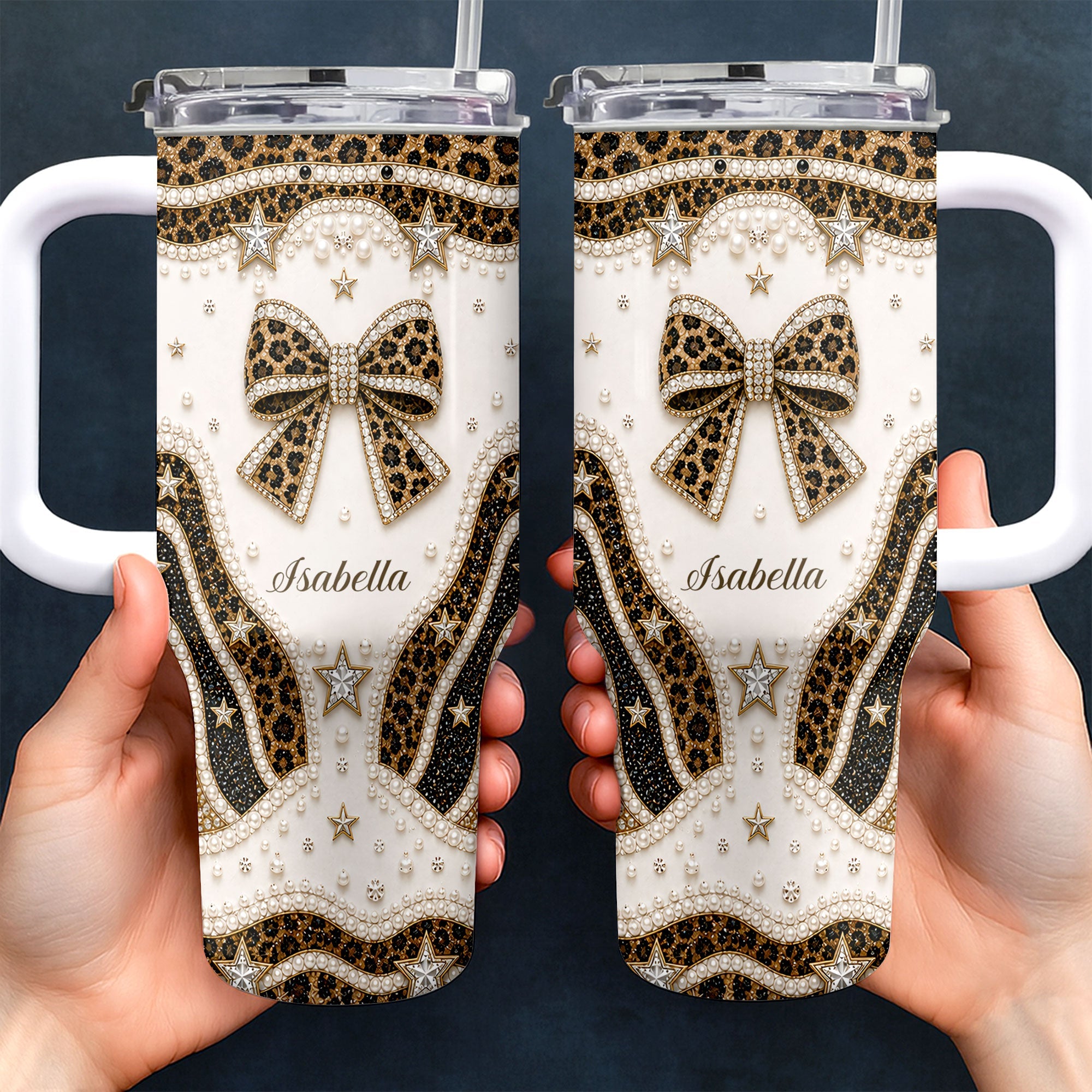Personalized Leopard Bow 40oz Tumbler with Straw Gift for Her 40oz Tumbler GradoCreations