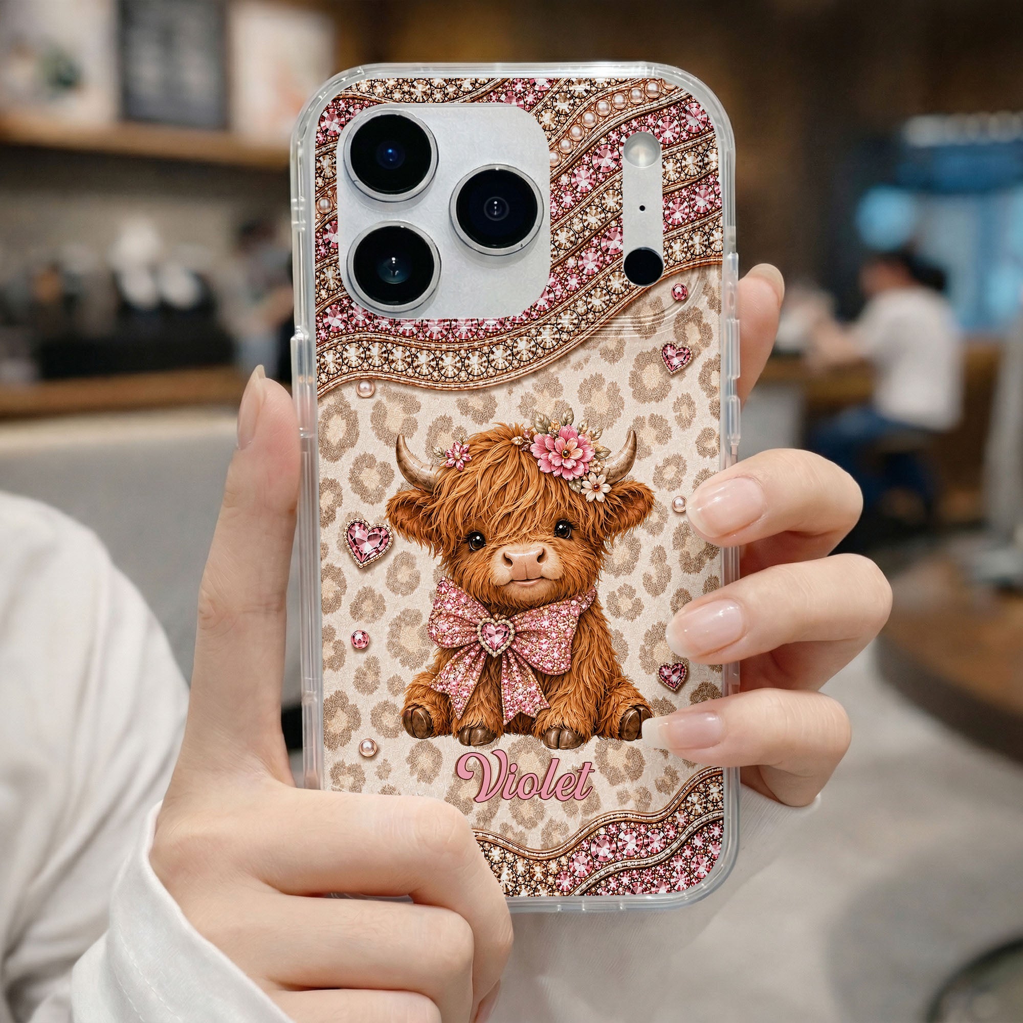 Personalized Highland Cow Clear Phone Case with 3D Rhinestones Gift for Her Clear Phone Case GradoCreations