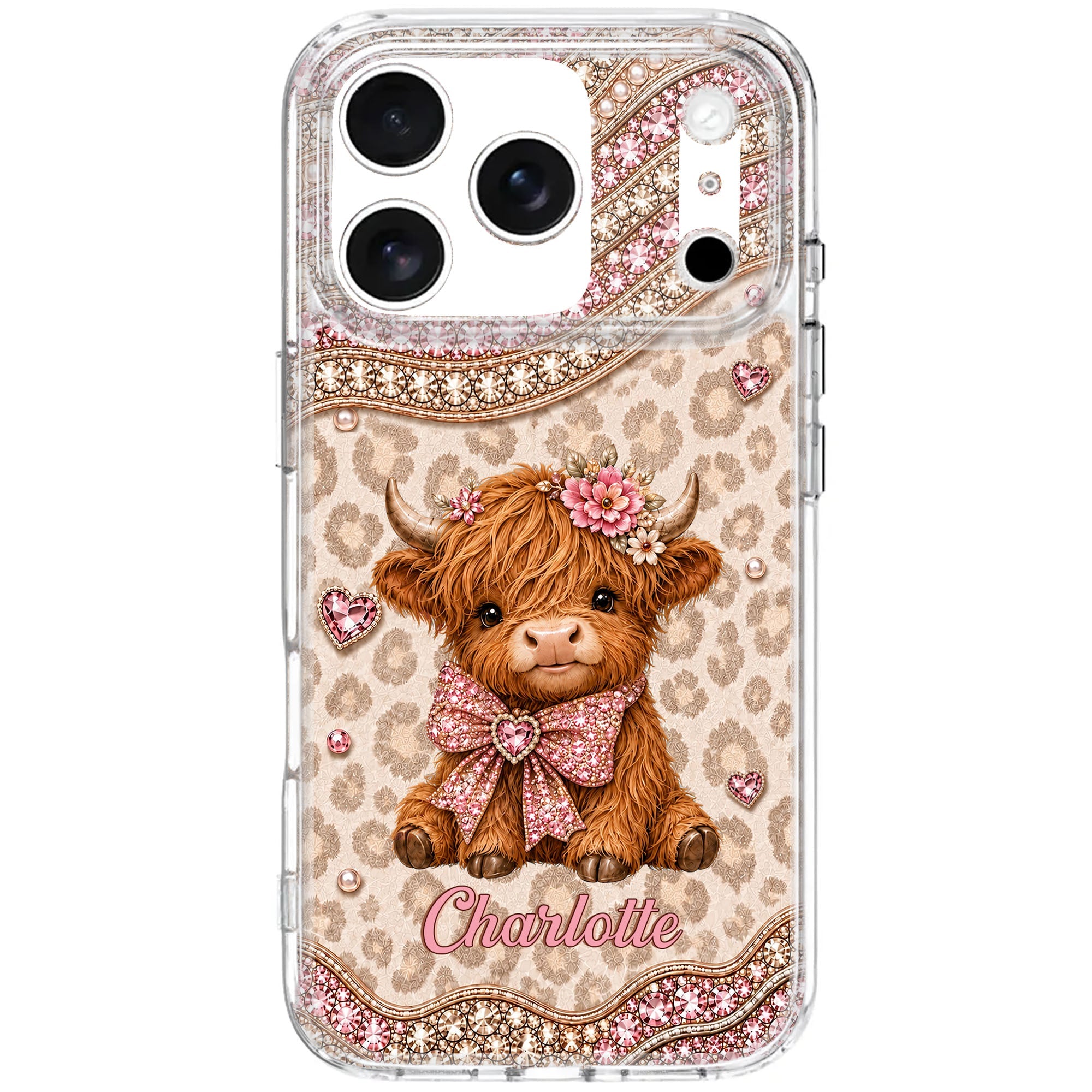 Personalized Highland Cow Clear Phone Case with 3D Rhinestones Gift for Her Clear Phone Case GradoCreations