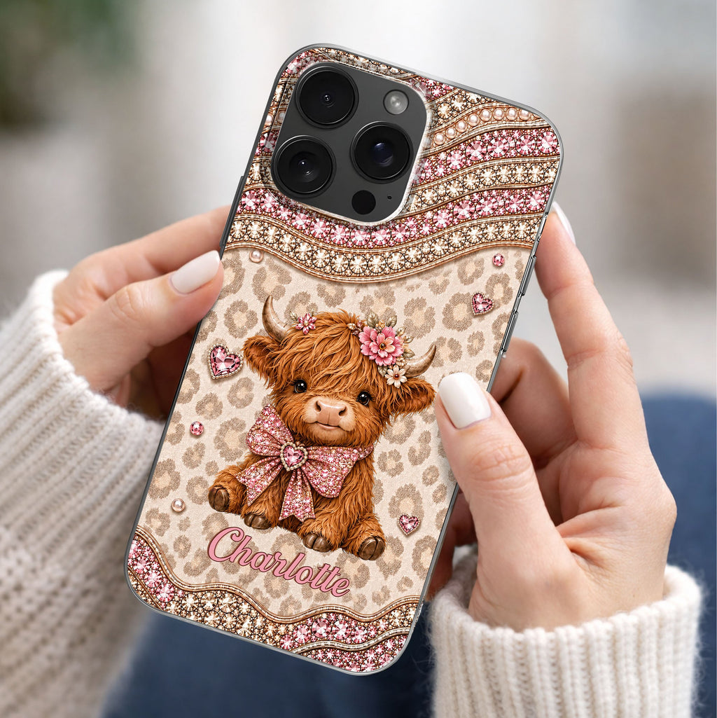 Personalized Highland Cow Clear Phone Case with 3D Rhinestones Gift for Her Clear Phone Case GradoCreations