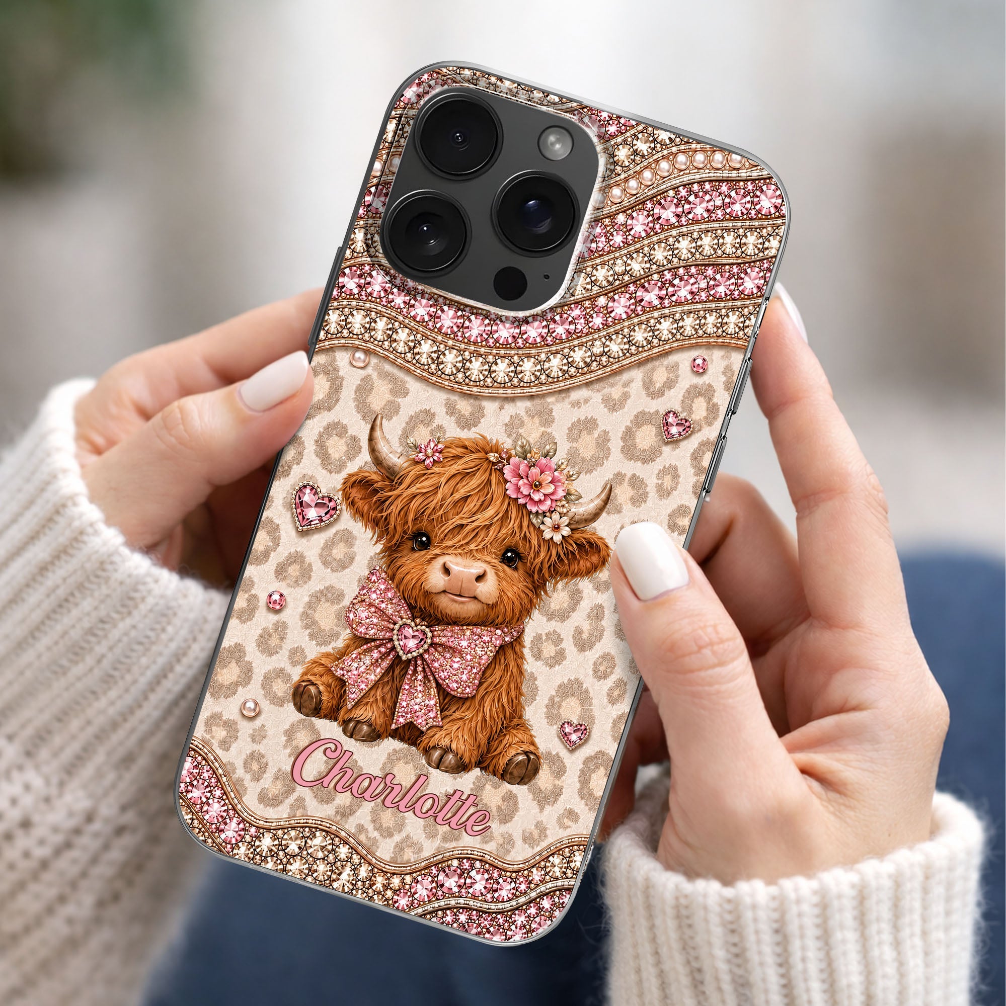 Personalized Highland Cow Clear Phone Case with 3D Rhinestones Gift for Her Clear Phone Case GradoCreations