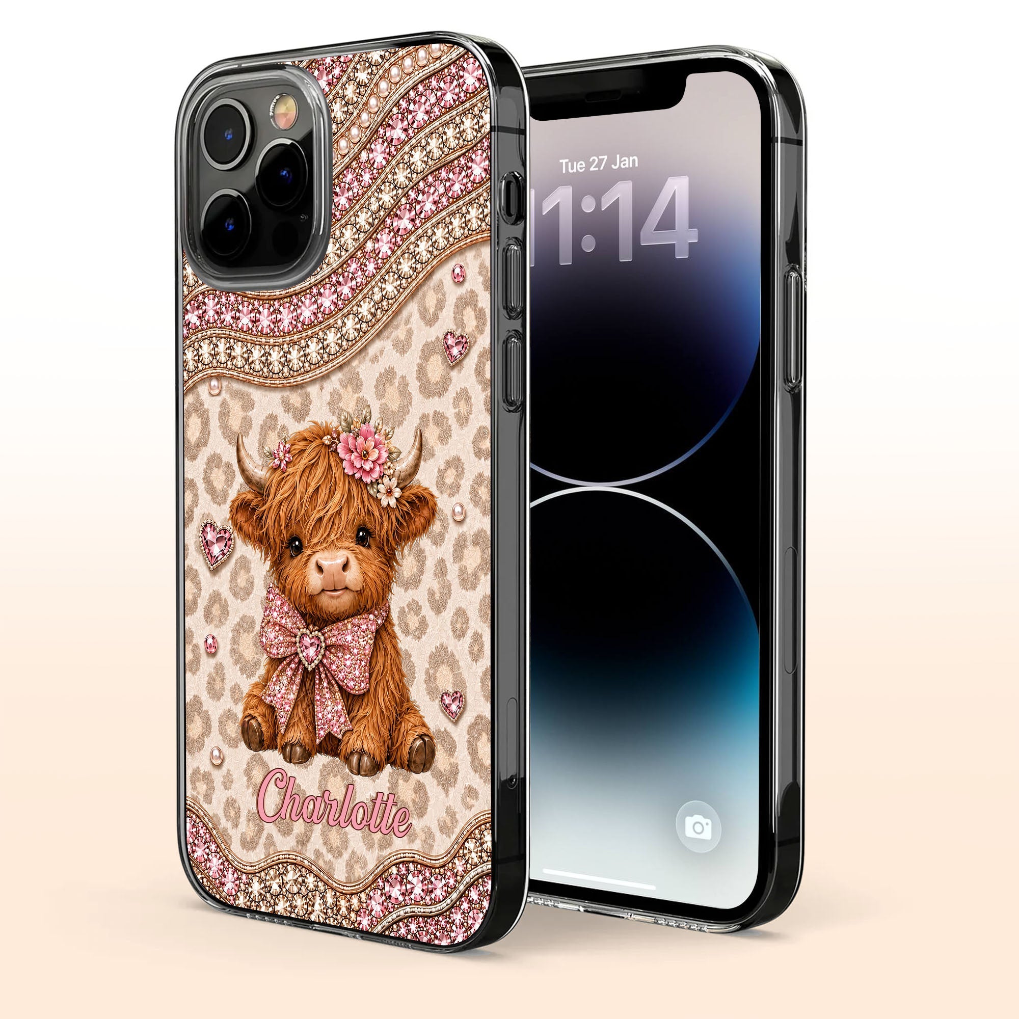 Personalized Highland Cow Clear Phone Case with 3D Rhinestones Gift for Her Clear Phone Case GradoCreations