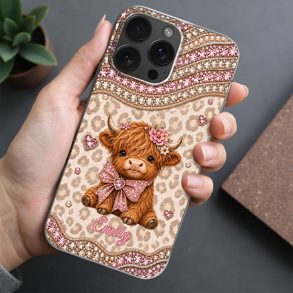 Personalized Highland Cow Clear Phone Case with 3D Rhinestones Gift for Her Clear Phone Case GradoCreations