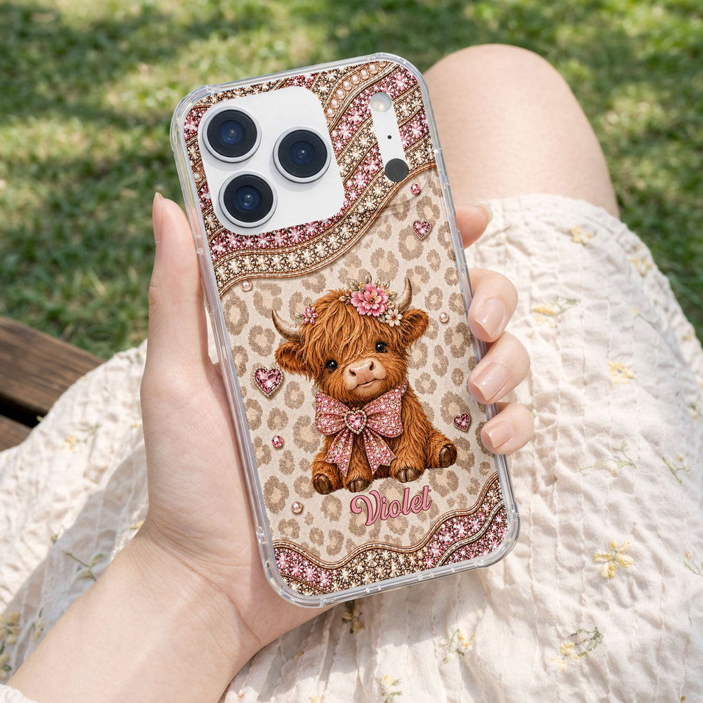 Personalized Highland Cow Clear Phone Case with 3D Rhinestones Gift for Her Clear Phone Case GradoCreations