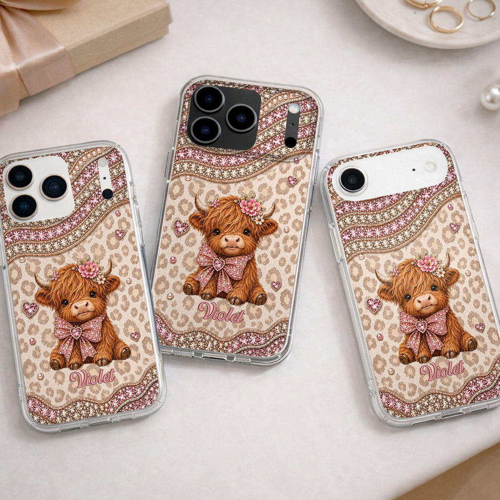Personalized Highland Cow Clear Phone Case with 3D Rhinestones Gift for Her Clear Phone Case GradoCreations