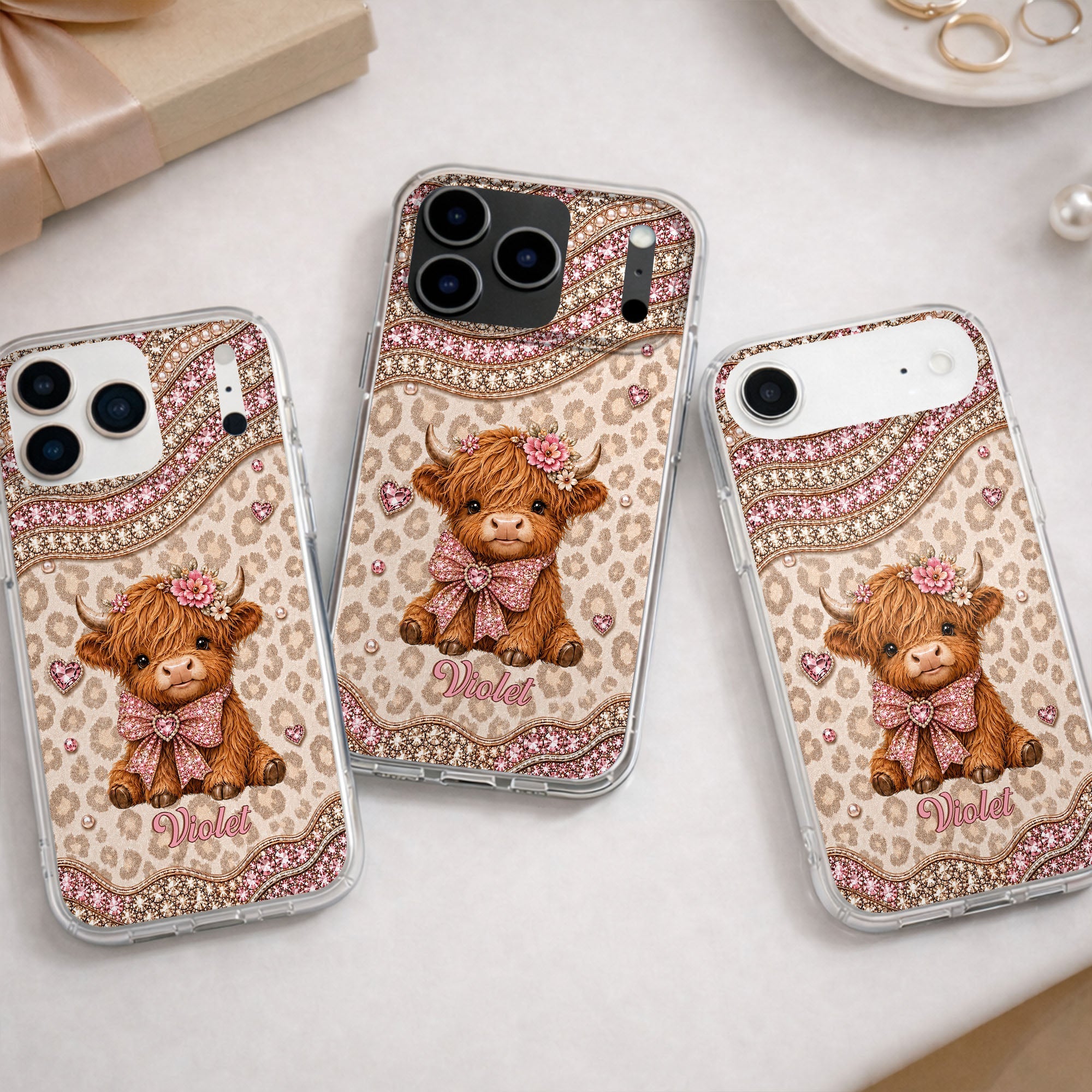 Personalized Highland Cow Clear Phone Case with 3D Rhinestones Gift for Her Clear Phone Case GradoCreations